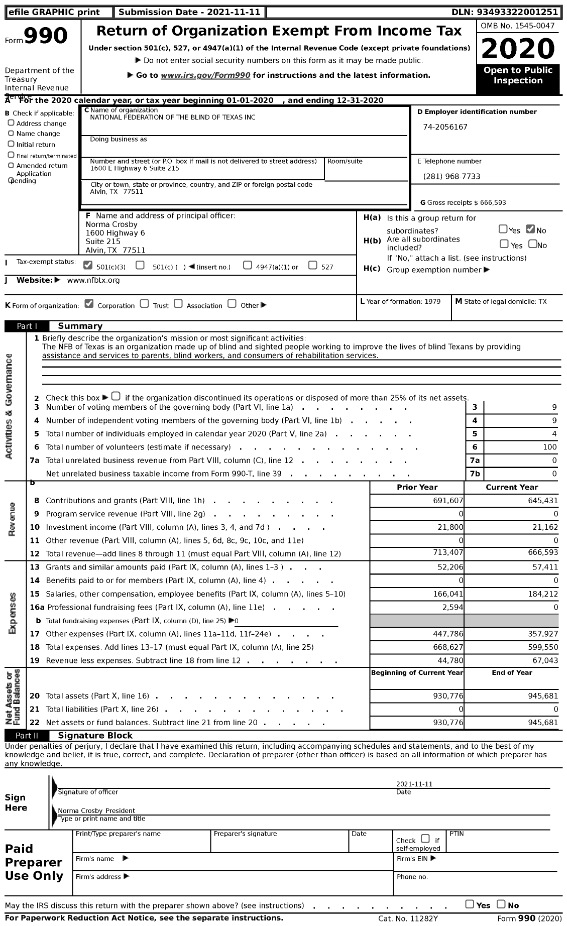 Image of first page of 2020 Form 990 for National Federation of the Blind of Texas