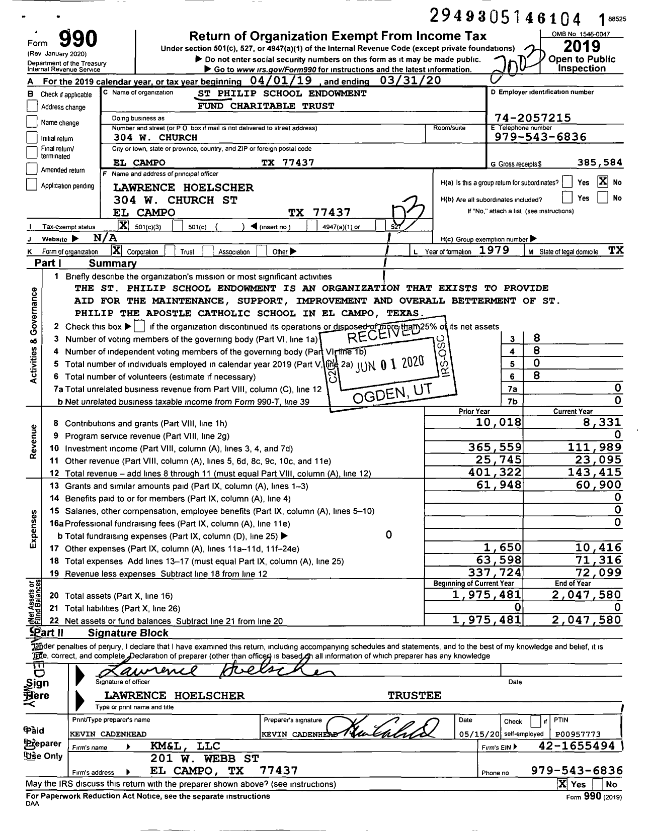 Image of first page of 2019 Form 990 for St Philip School Endowment Fund Charitable Trust