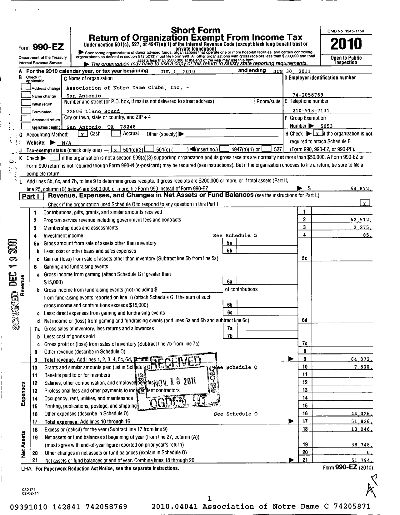 Image of first page of 2010 Form 990EZ for Association of Notre Dame Clubs / San Antonio