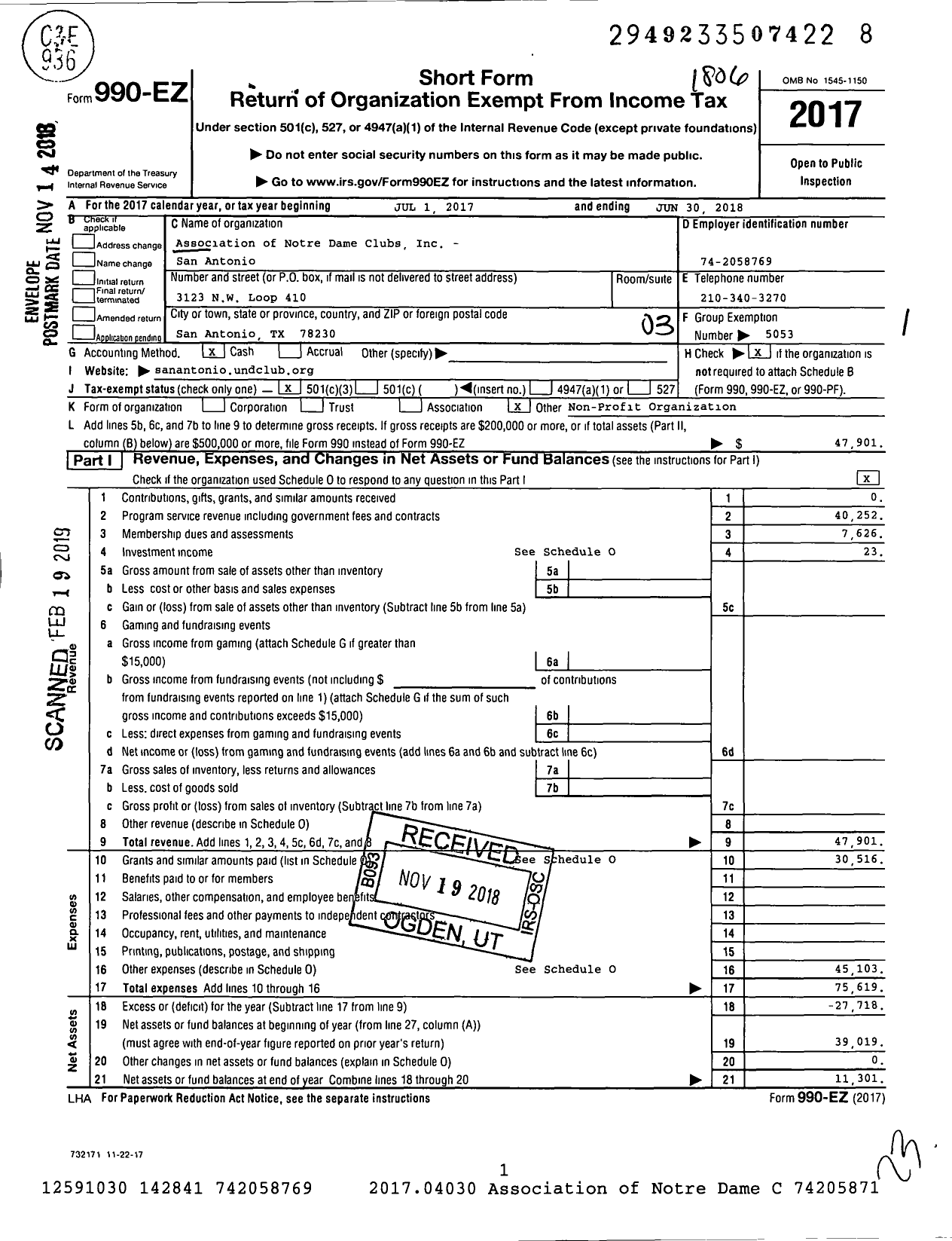 Image of first page of 2017 Form 990EZ for Association of Notre Dame Clubs / San Antonio