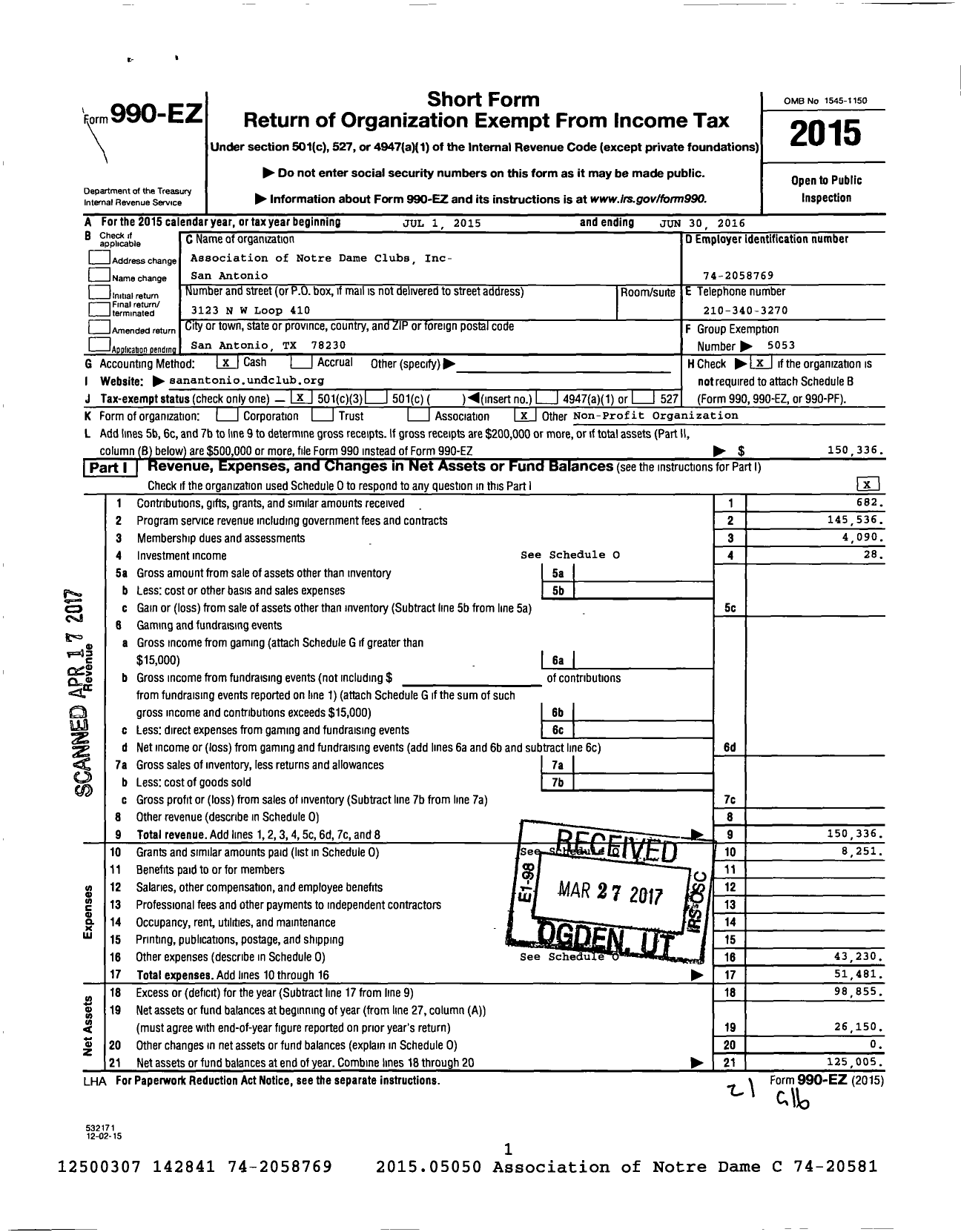 Image of first page of 2015 Form 990EZ for Association of Notre Dame Clubs / San Antonio