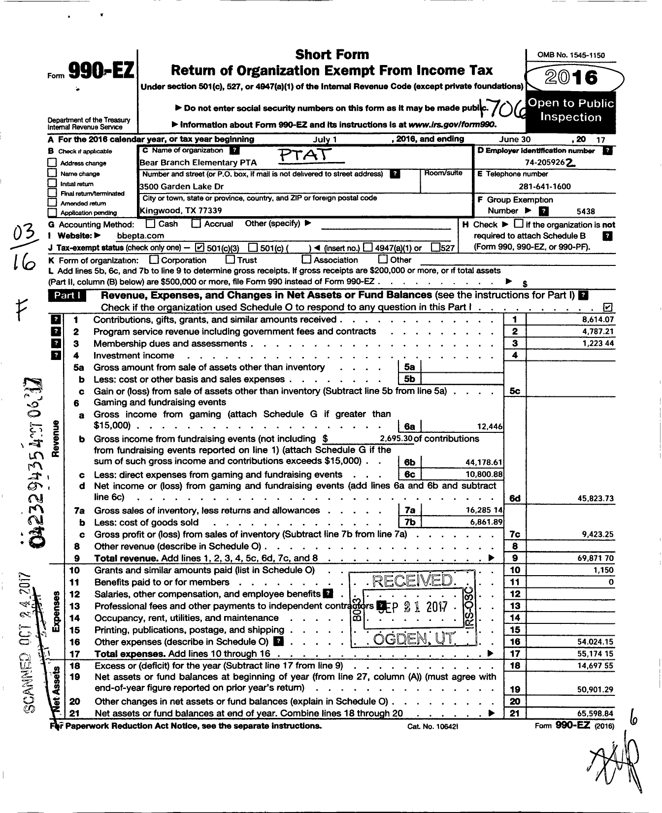 Image of first page of 2016 Form 990EZ for Texas PTA - 5438 Bear Branch Elementary PTA