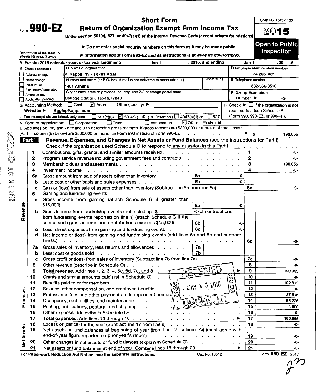 Image of first page of 2015 Form 990EO for Pi Kappa Phi Fraternity - Delta Omega Chapter