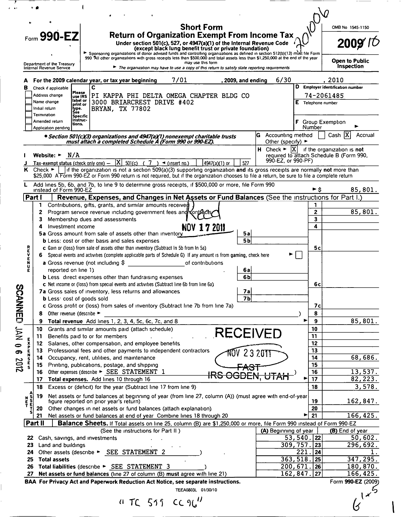 Image of first page of 2009 Form 990EO for Pi Kappa Phi Fraternity - Delta Omega Chapter