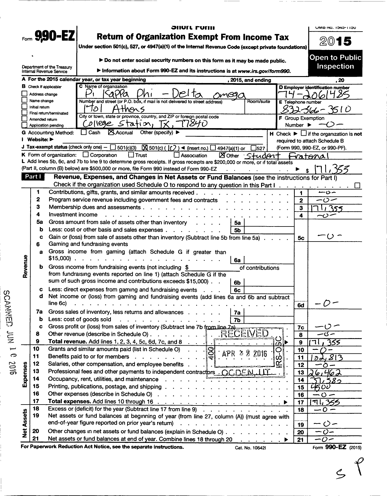 Image of first page of 2015 Form 990EO for Pi Kappa Phi Fraternity - Delta Omega Chapter