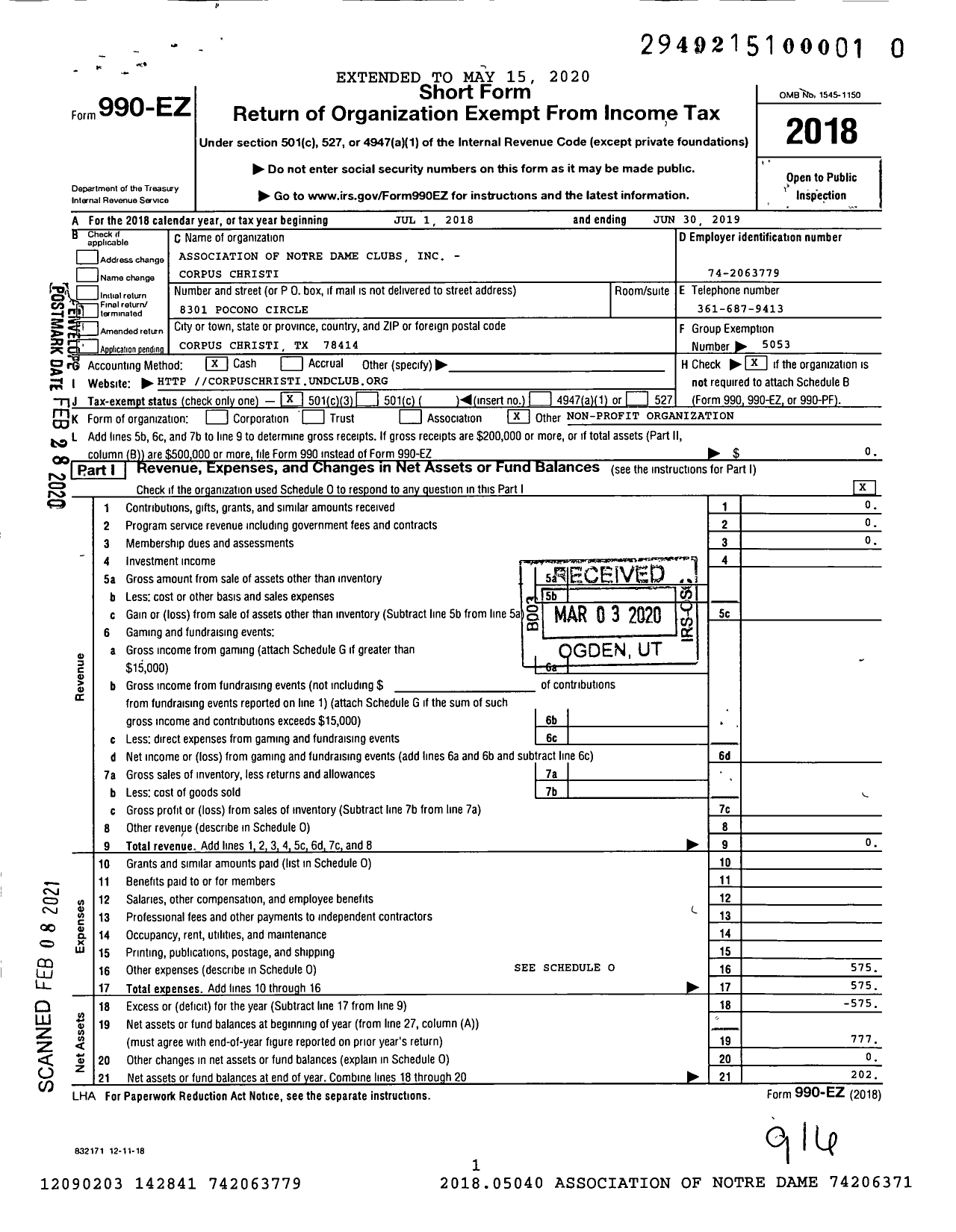 Image of first page of 2018 Form 990EZ for Association of Notre Dame Clubs - Corpus Christi