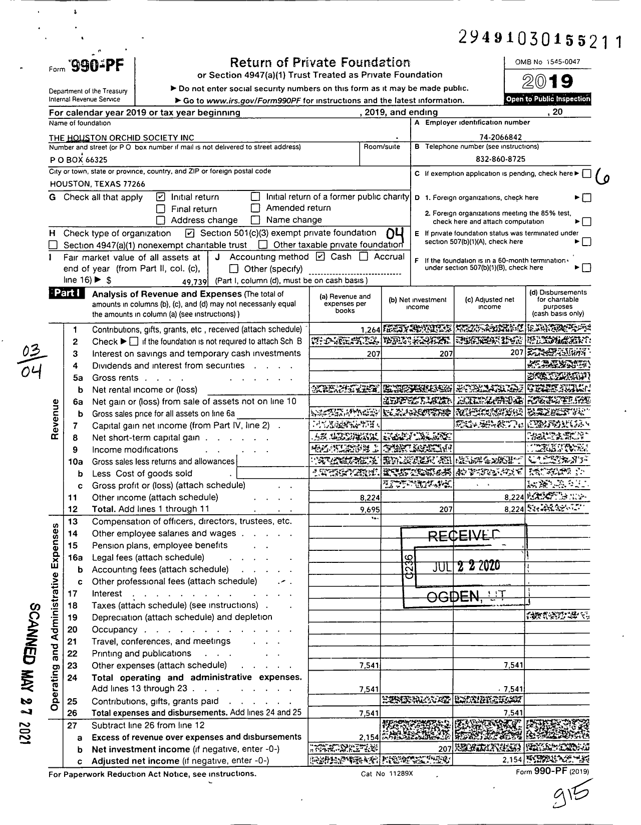 Image of first page of 2019 Form 990PF for The Houston Orchid Society