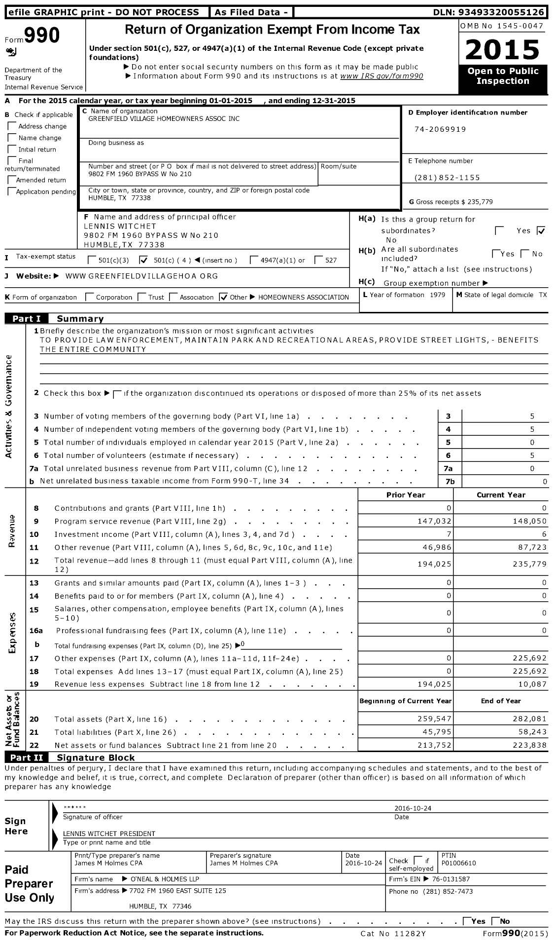 Image of first page of 2015 Form 990O for Greenfield Village Homeowners Association