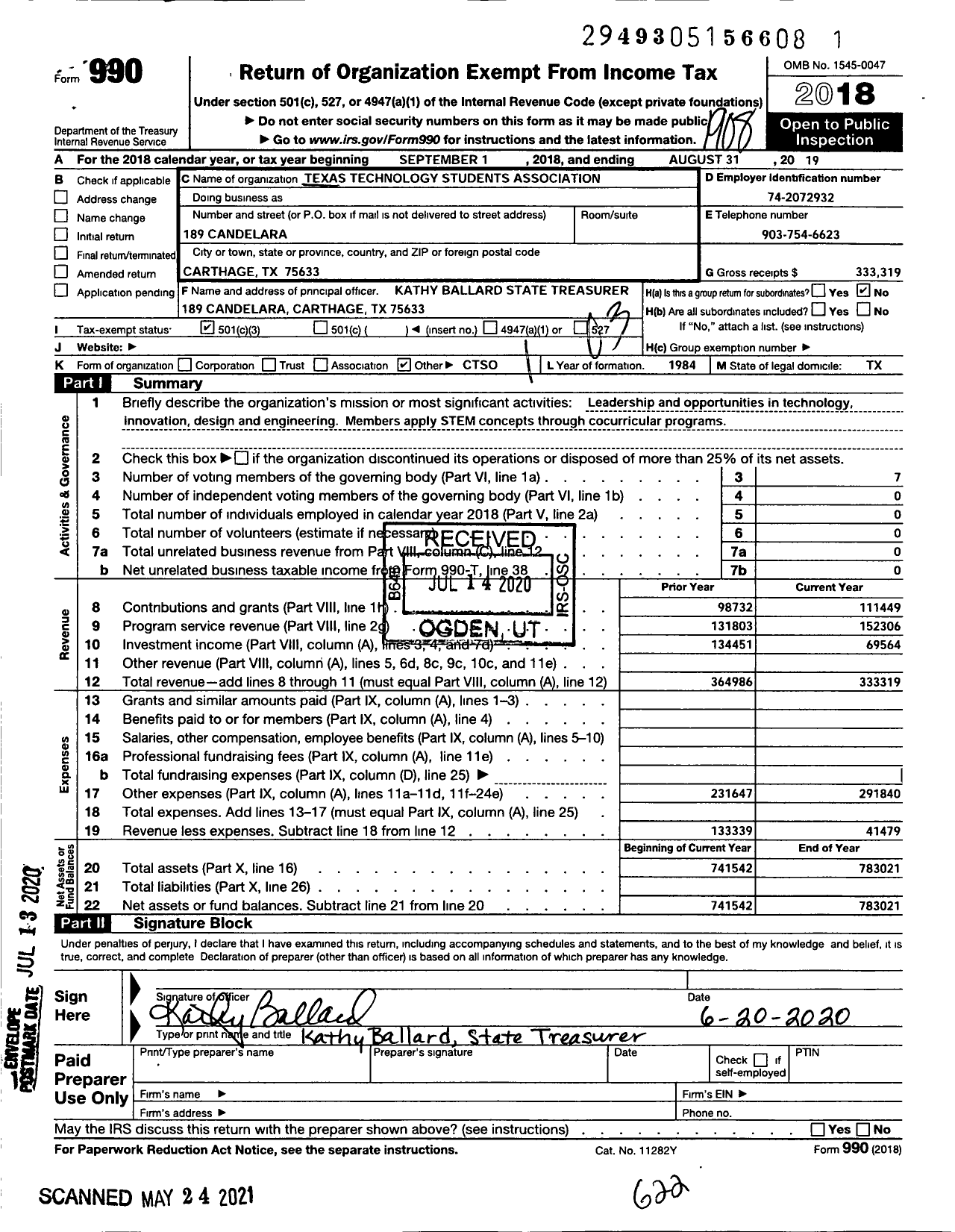 Image of first page of 2018 Form 990 for Technology Students Association