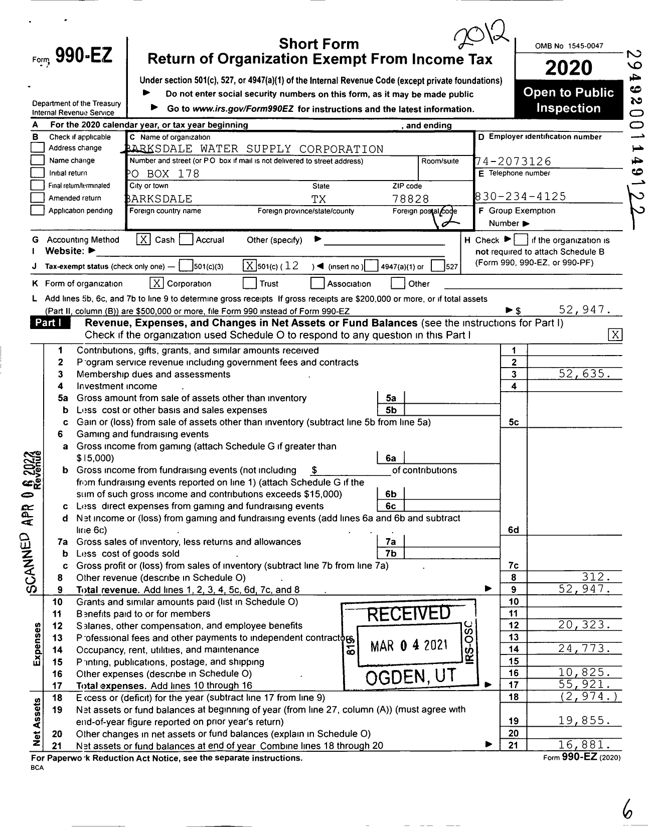 Image of first page of 2020 Form 990EO for Barksdale Water Supply Corporation