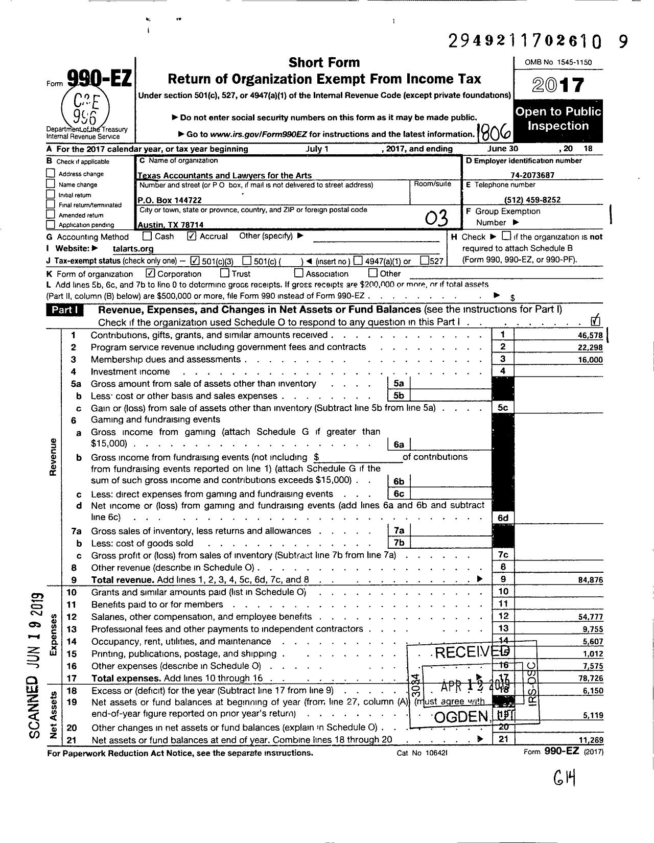 Image of first page of 2017 Form 990EZ for Texas Accountants and Lawyers for the Arts