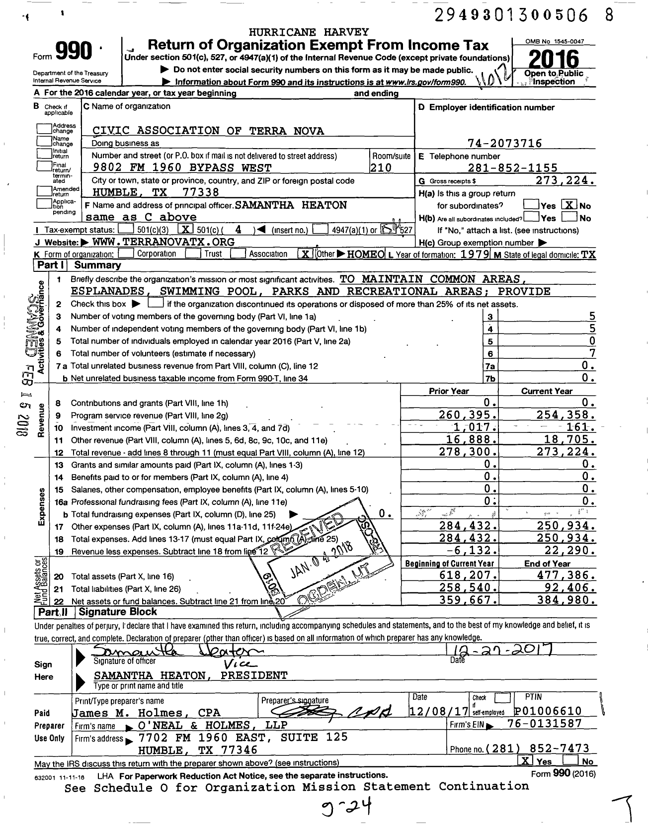 Image of first page of 2016 Form 990O for Civic Association of Terra Nova