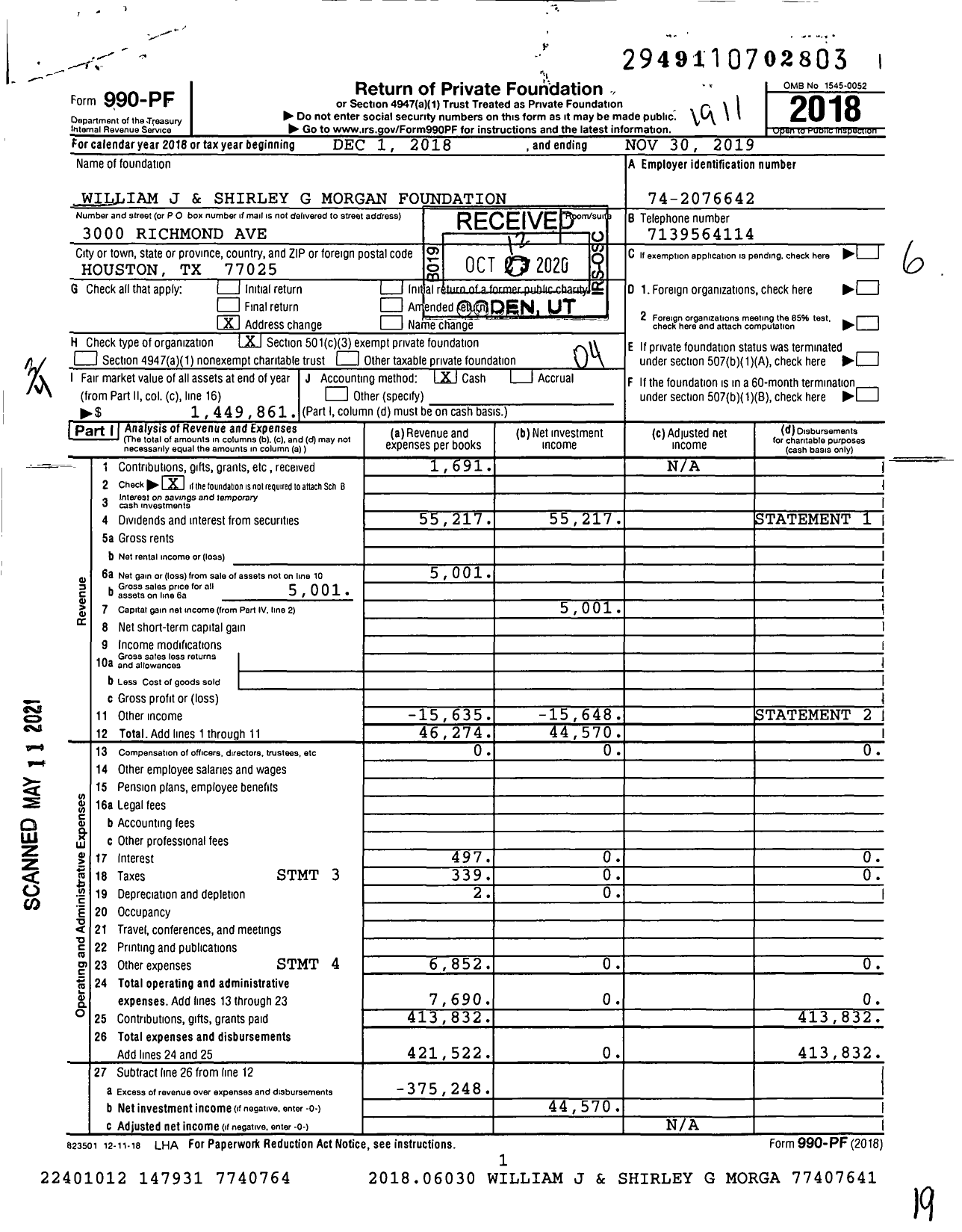 Image of first page of 2018 Form 990PF for William J and Shirley G Morgan Foundation