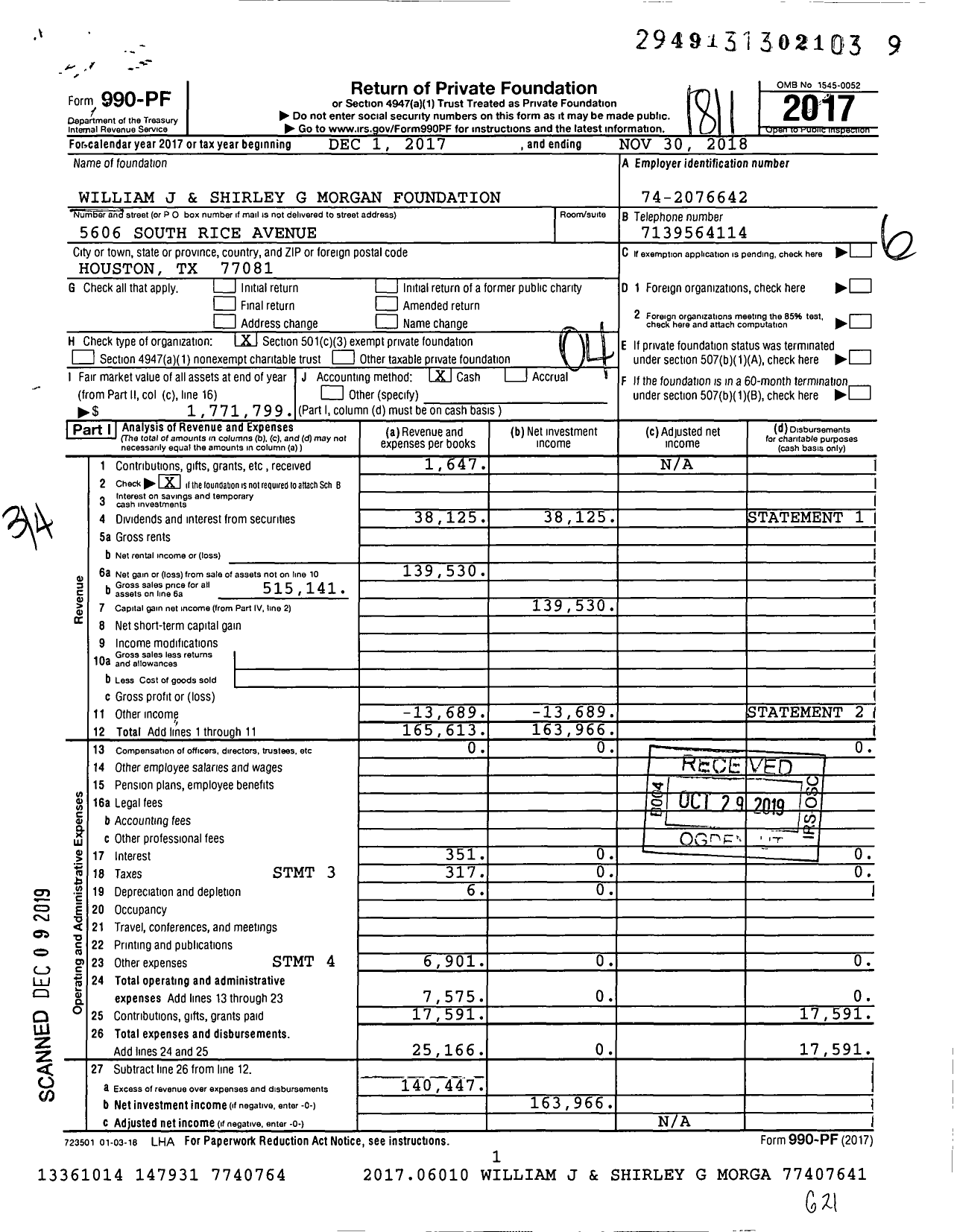 Image of first page of 2017 Form 990PF for William J and Shirley G Morgan Foundation