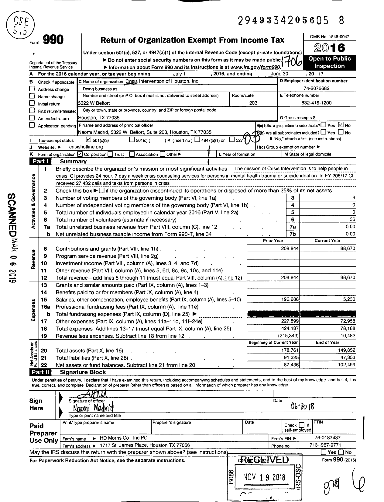 Image of first page of 2016 Form 990 for Crisis Intervention of Houston Incorporated