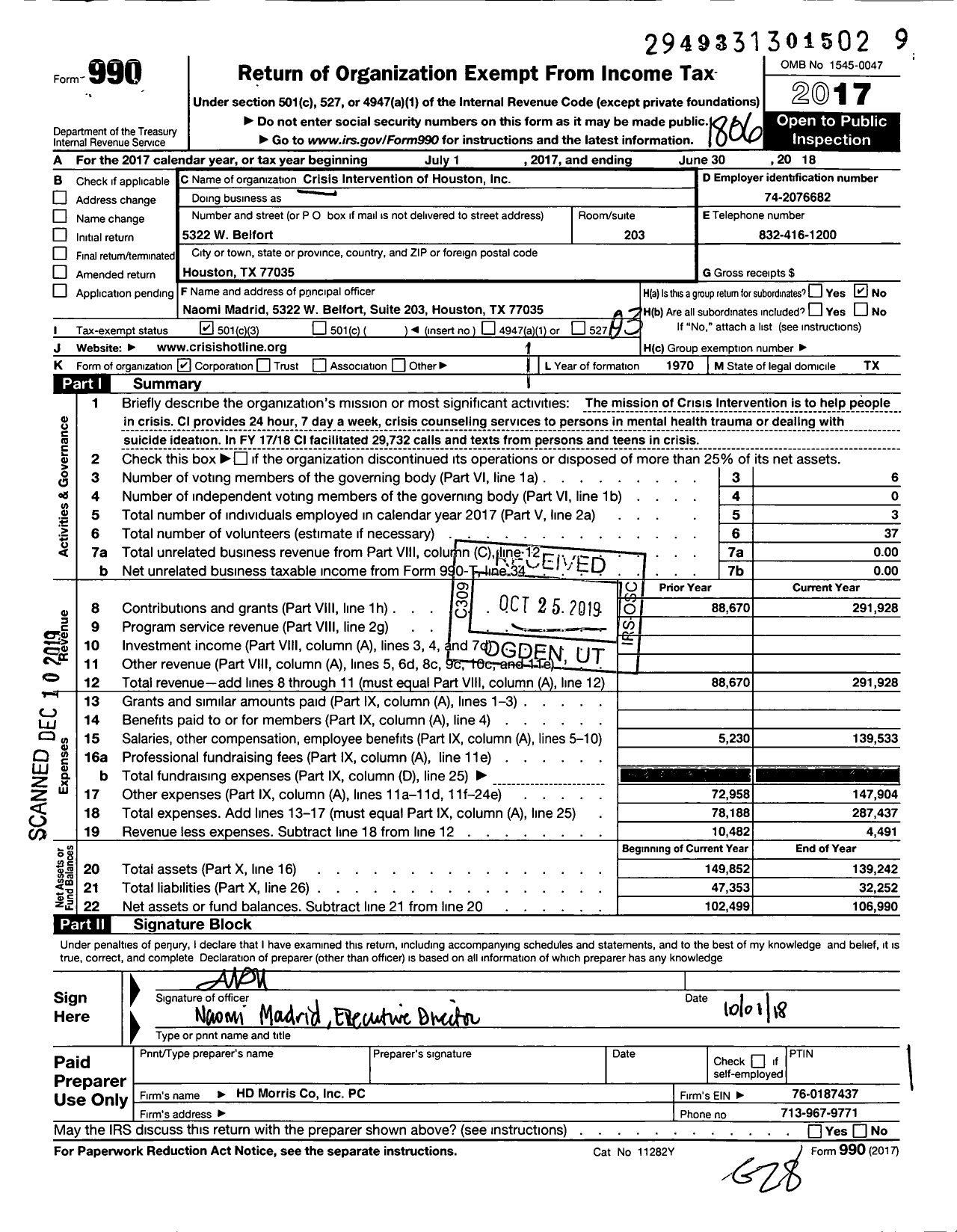 Image of first page of 2017 Form 990 for Crisis Intervention of Houston Incorporated