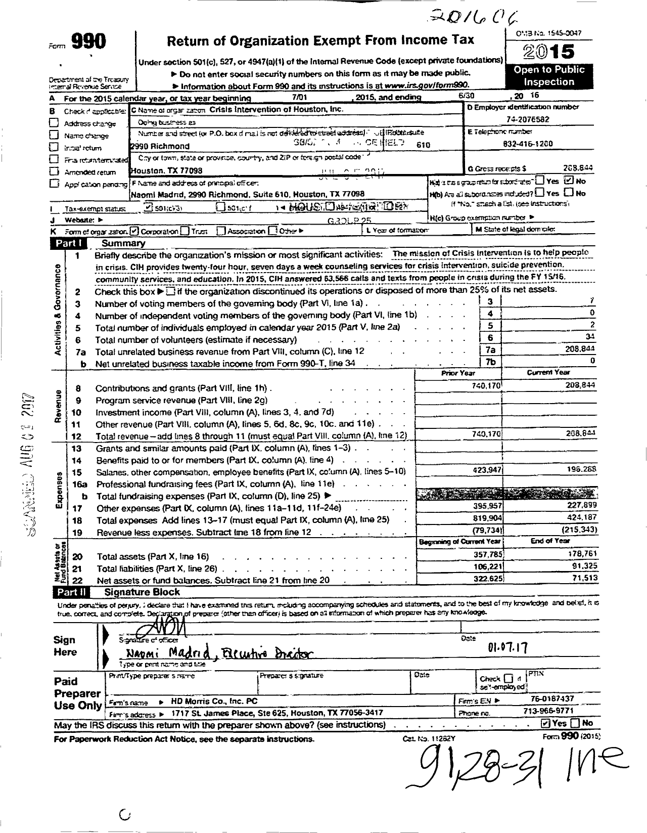 Image of first page of 2015 Form 990 for Crisis Intervention of Houston Incorporated