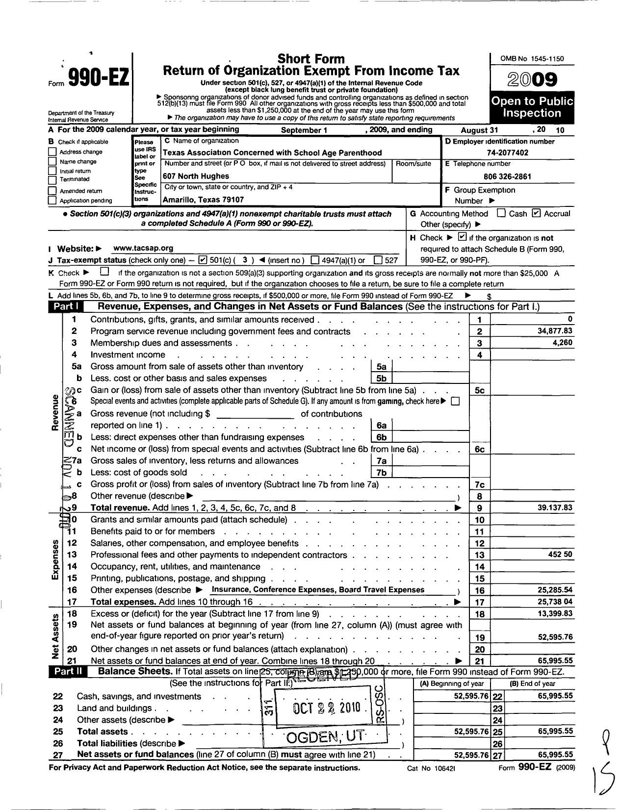 Image of first page of 2009 Form 990EZ for Texas Association Concerned with School-Age At-Risk and Parenting