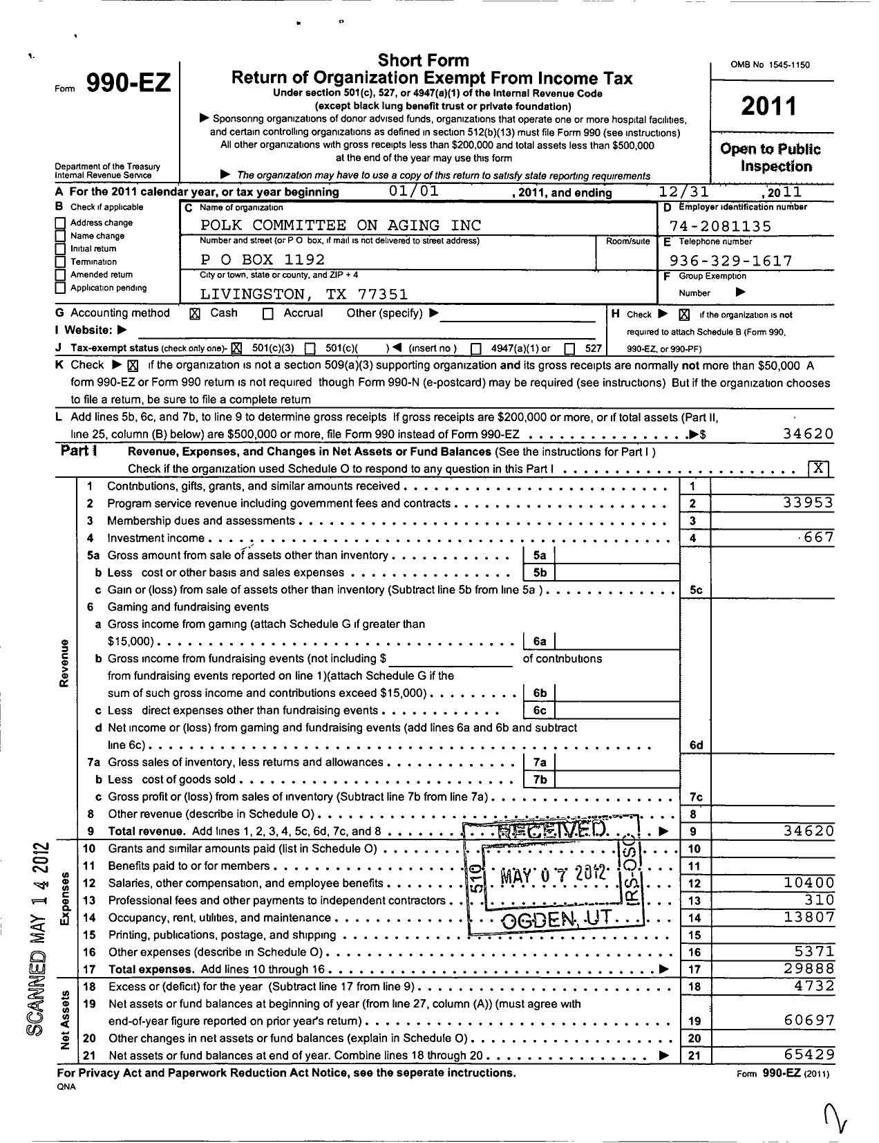 Image of first page of 2011 Form 990EZ for Polk County Committee on Aging