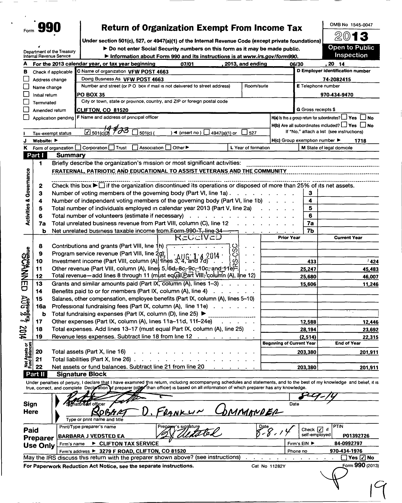 Image of first page of 2013 Form 990O for Veterans of Foreign Wars of the United States Dept of Colorado - 4663 Klemenic Nail Smith