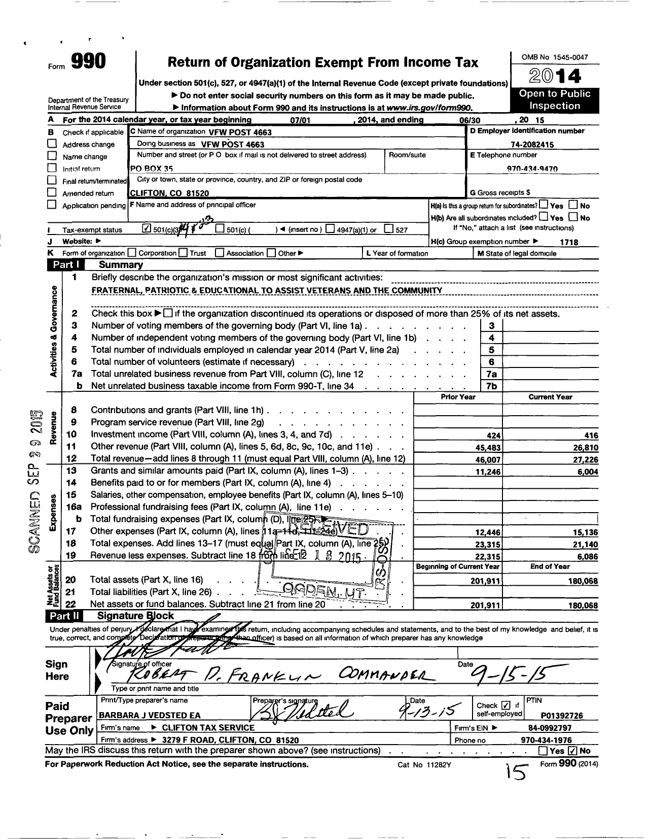 Image of first page of 2014 Form 990 for Veterans of Foreign Wars of the United States Dept of Colorado - 4663 Klemenic Nail Smith