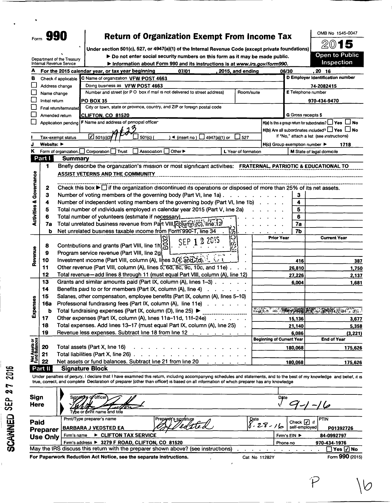 Image of first page of 2015 Form 990 for Veterans of Foreign Wars of the United States Dept of Colorado - 4663 Klemenic Nail Smith