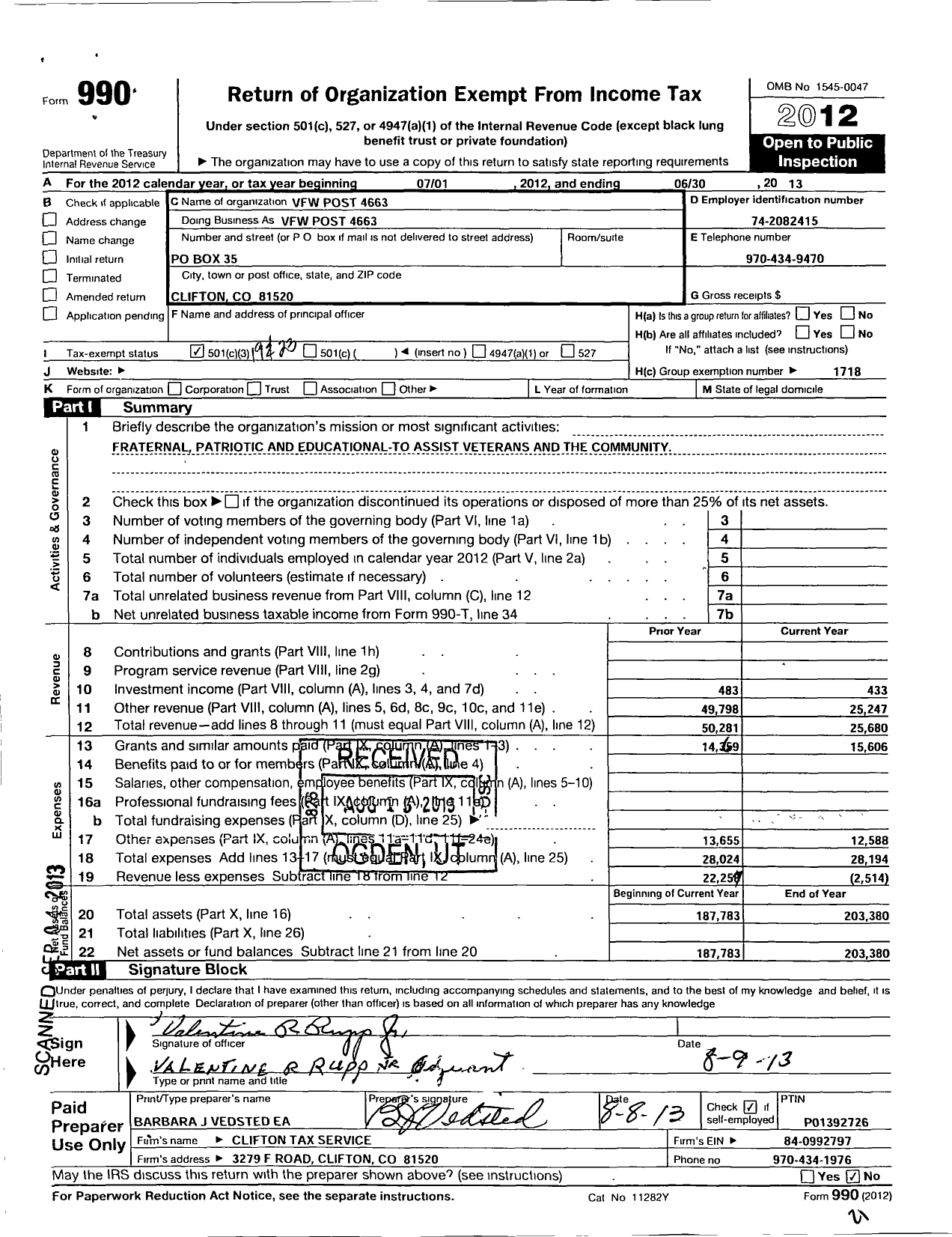 Image of first page of 2012 Form 990 for Veterans of Foreign Wars of the United States Dept of Colorado - 4663 Klemenic Nail Smith