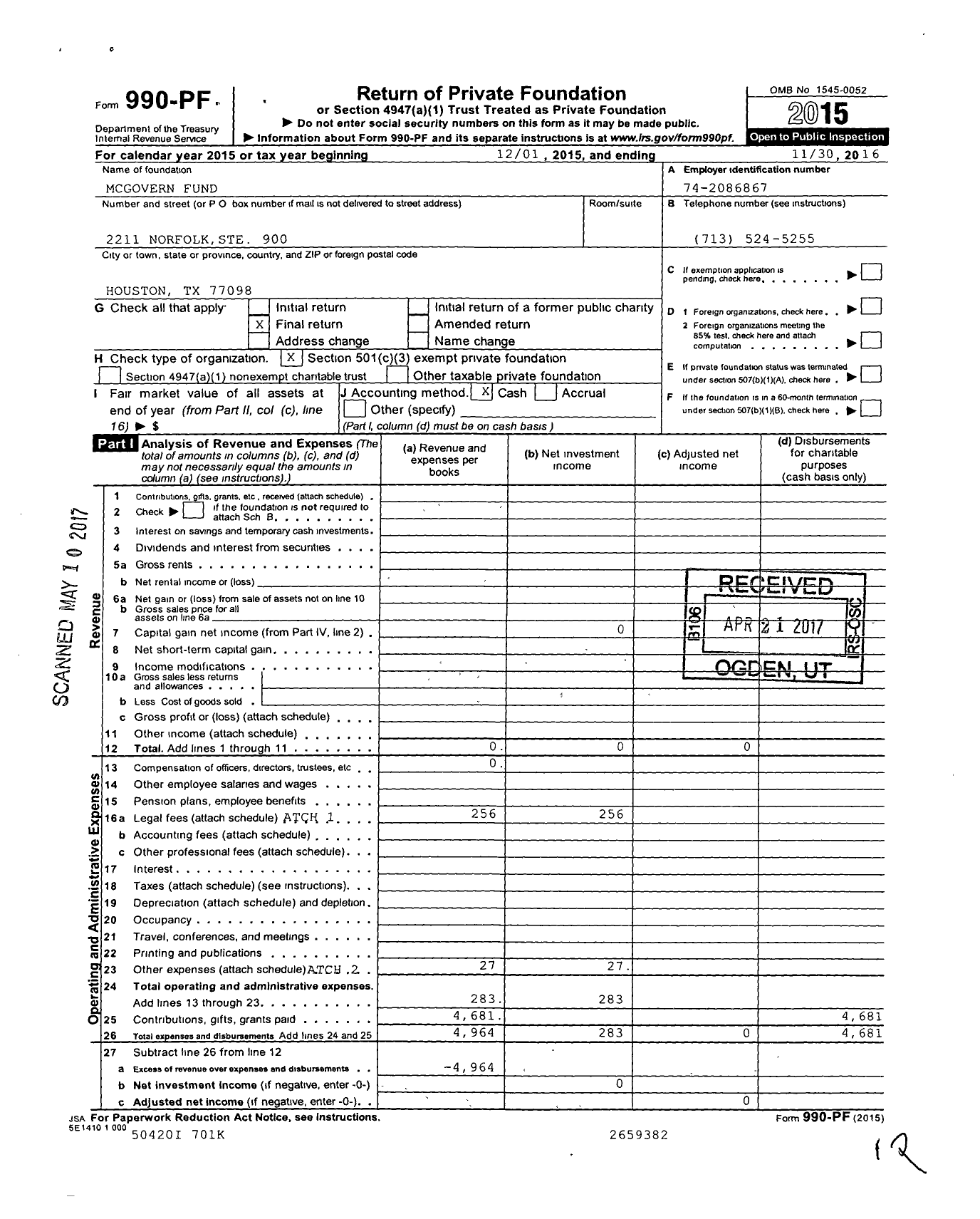 Image of first page of 2015 Form 990PF for Mcgovern Fund