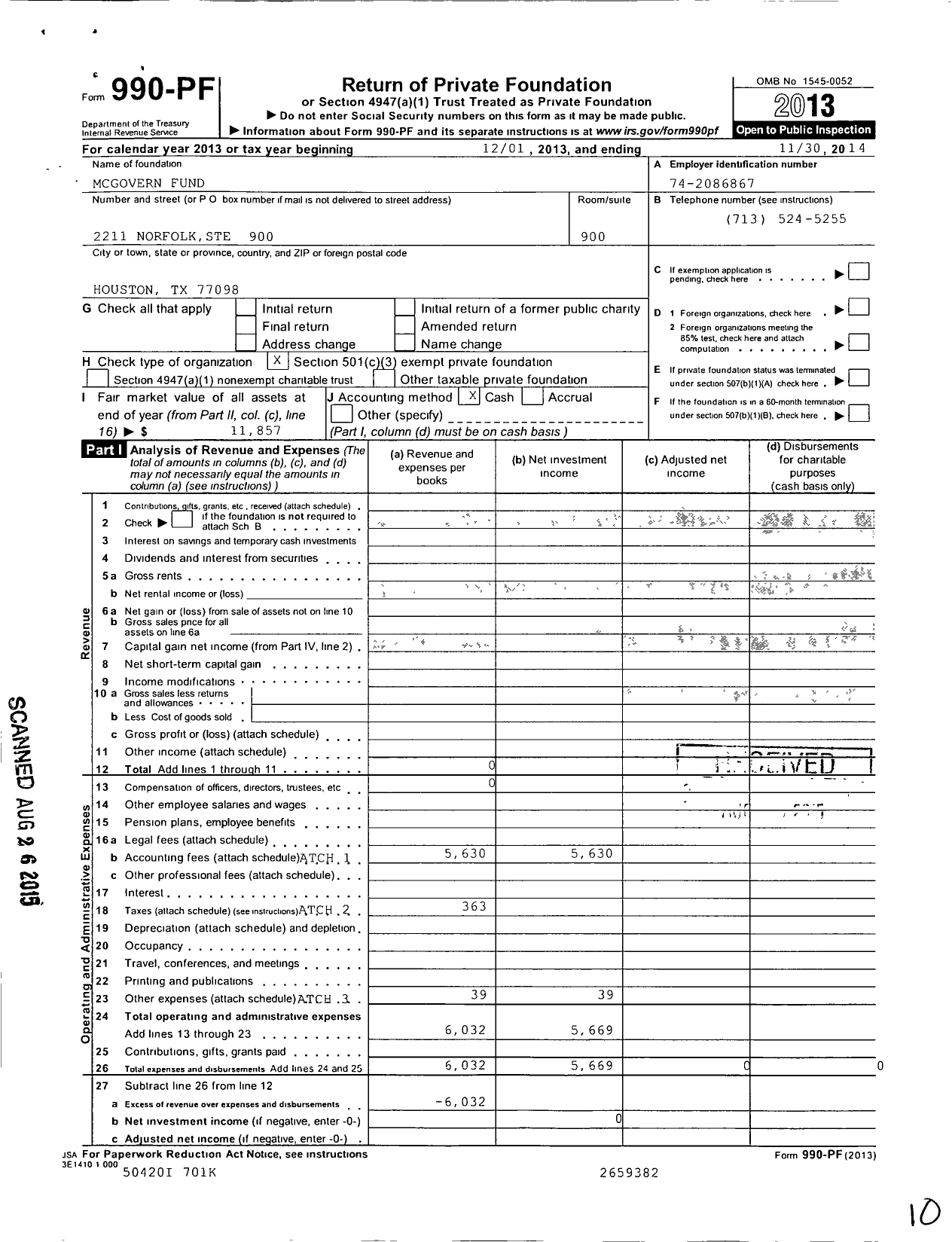 Image of first page of 2013 Form 990PF for Mcgovern Fund