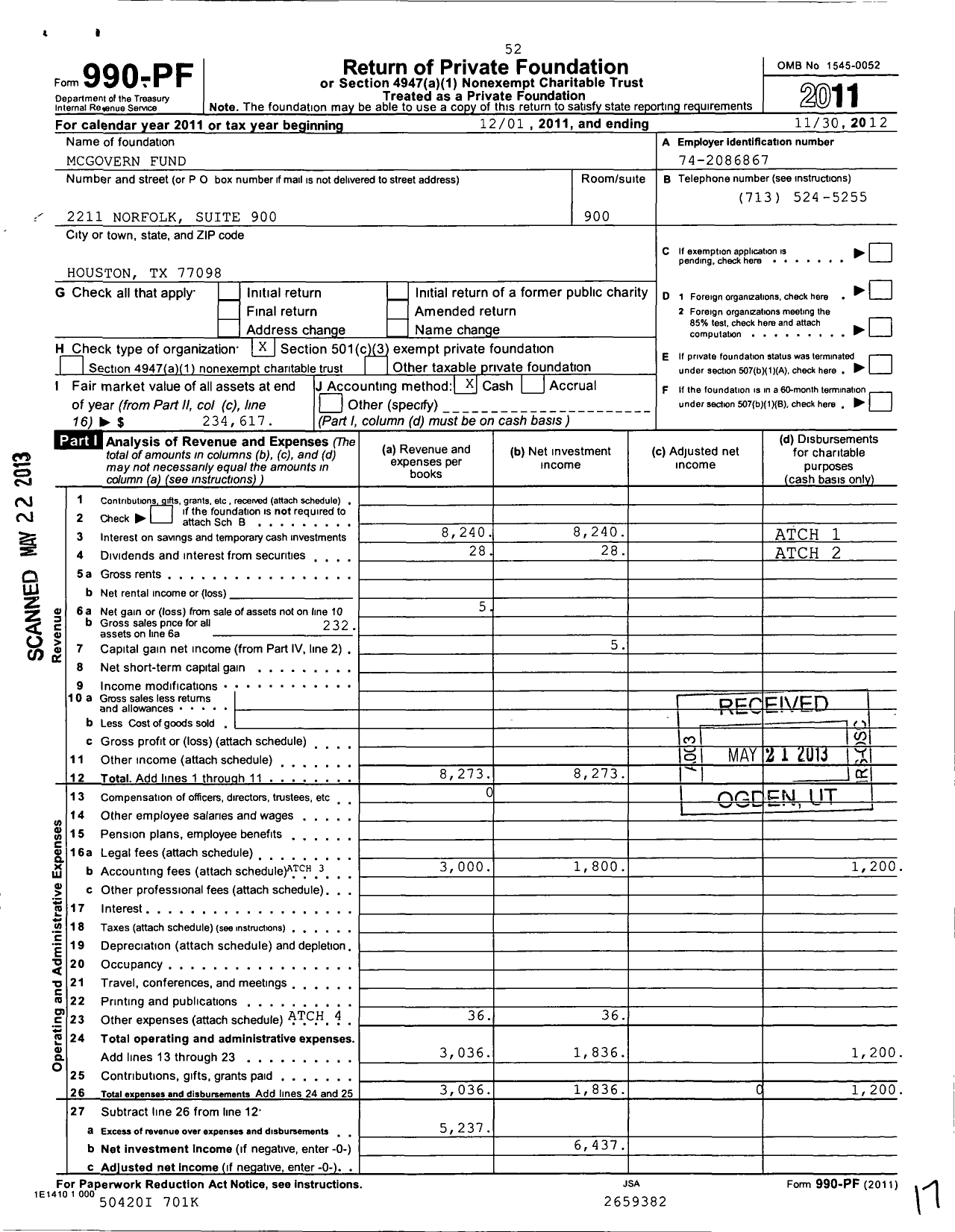 Image of first page of 2011 Form 990PF for Mcgovern Fund