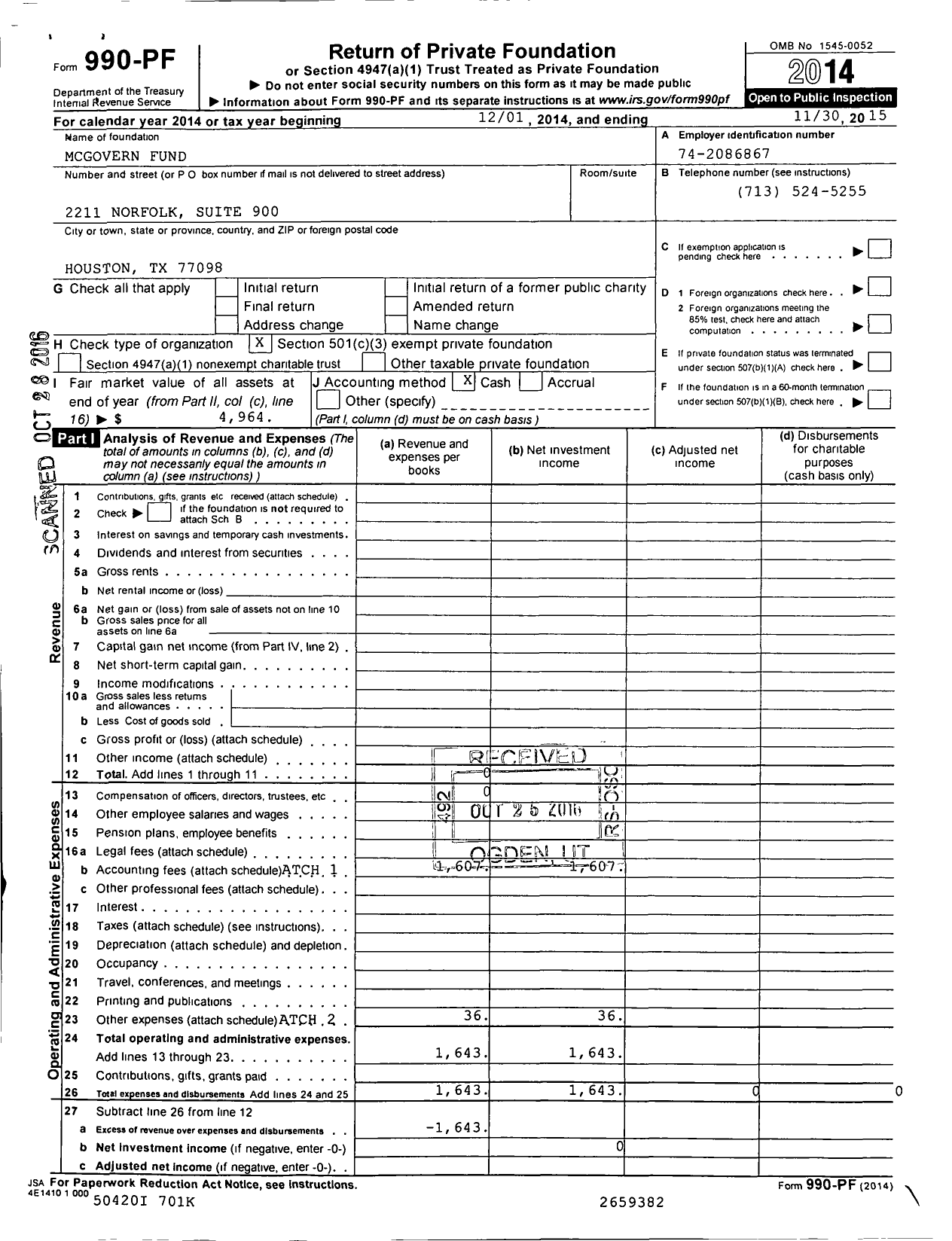 Image of first page of 2014 Form 990PF for Mcgovern Fund