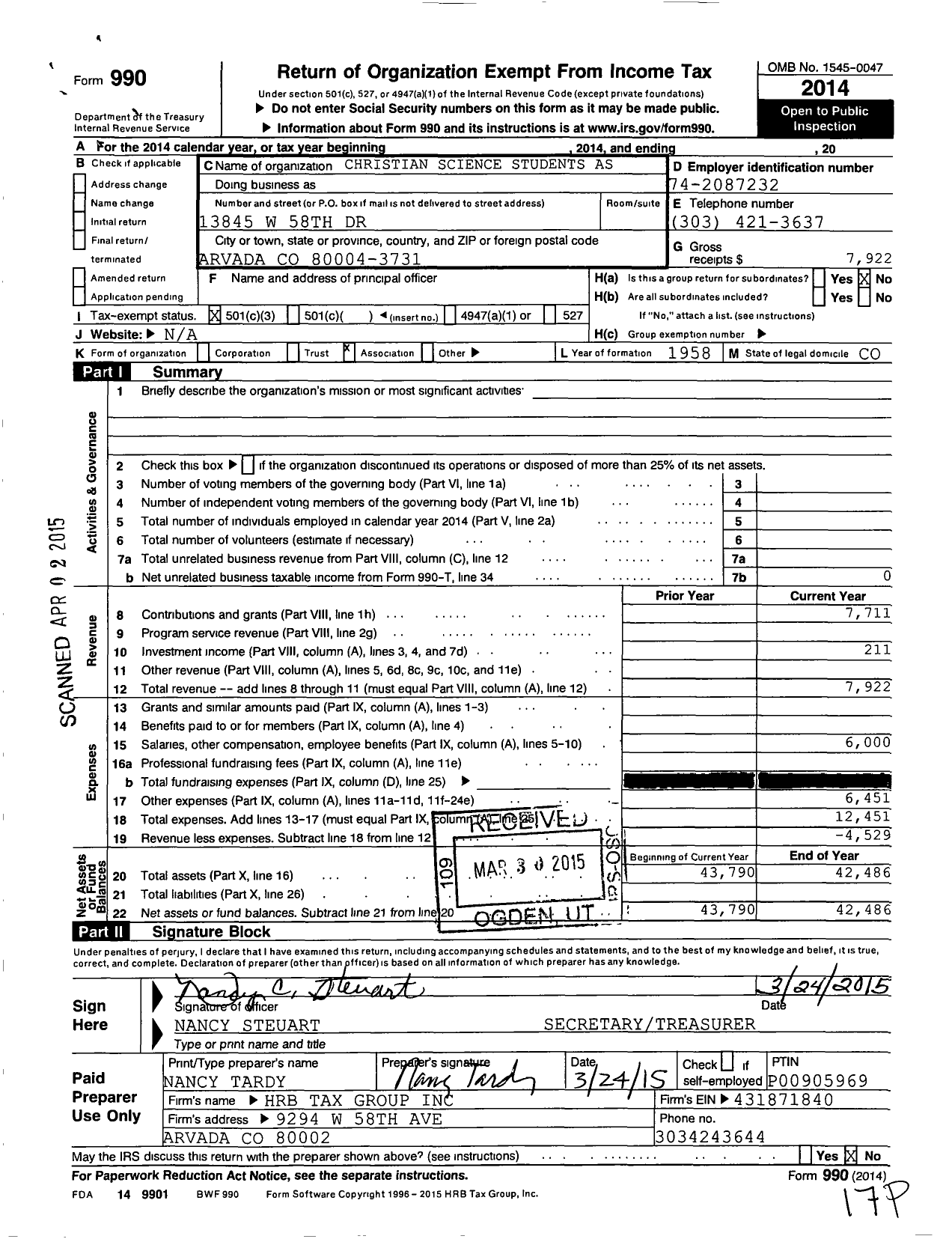 Image of first page of 2014 Form 990 for Christian Science Students Association of the Pupils of Arthur P Wuth CSB