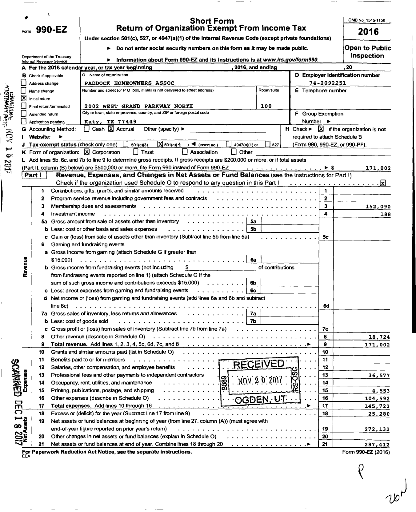 Image of first page of 2016 Form 990EO for Paddock Homeowners Assoc