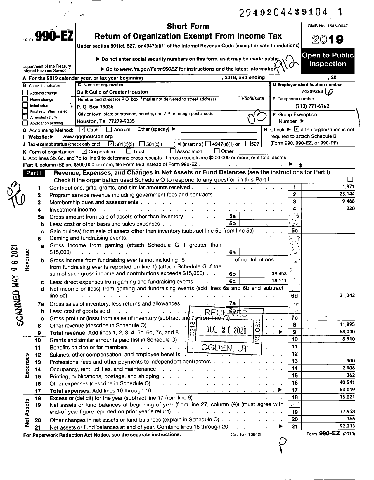 Image of first page of 2019 Form 990EZ for Quilt Guild of Greater Houston