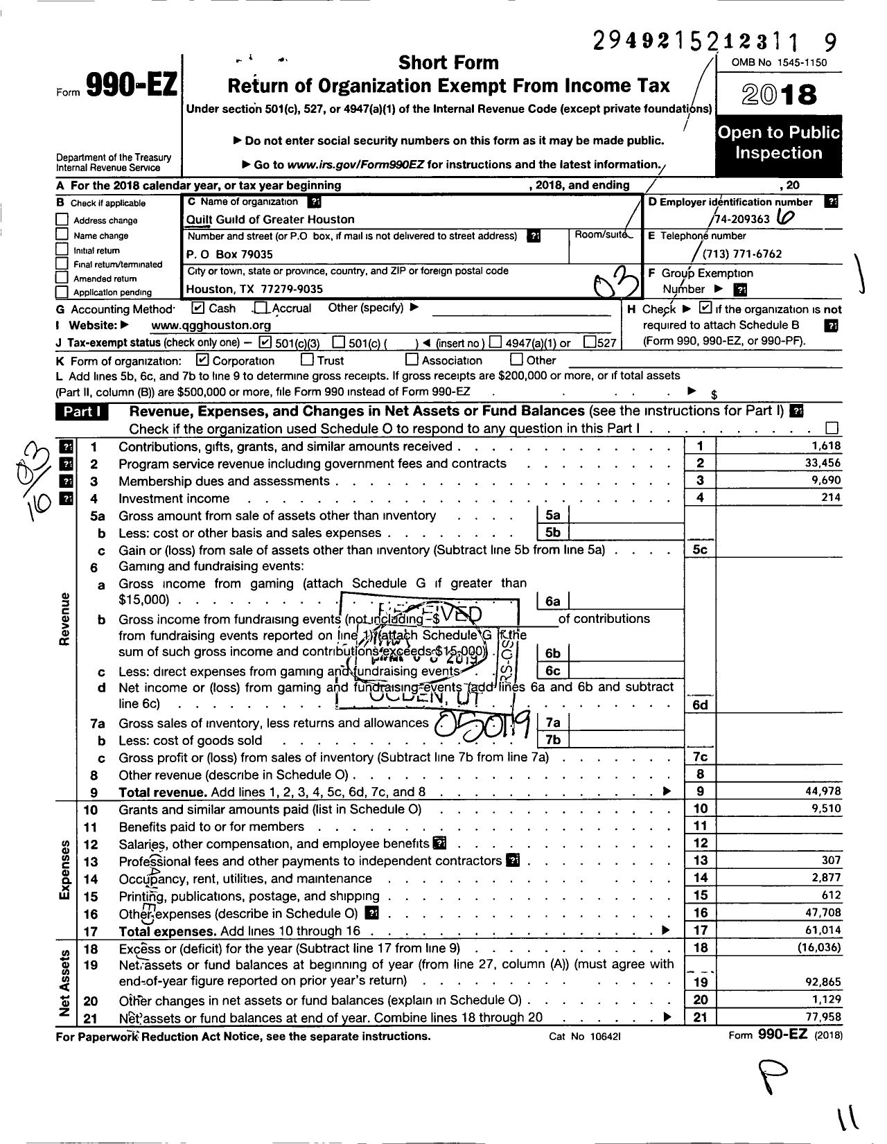 Image of first page of 2018 Form 990EZ for Quilt Guild of Greater Houston