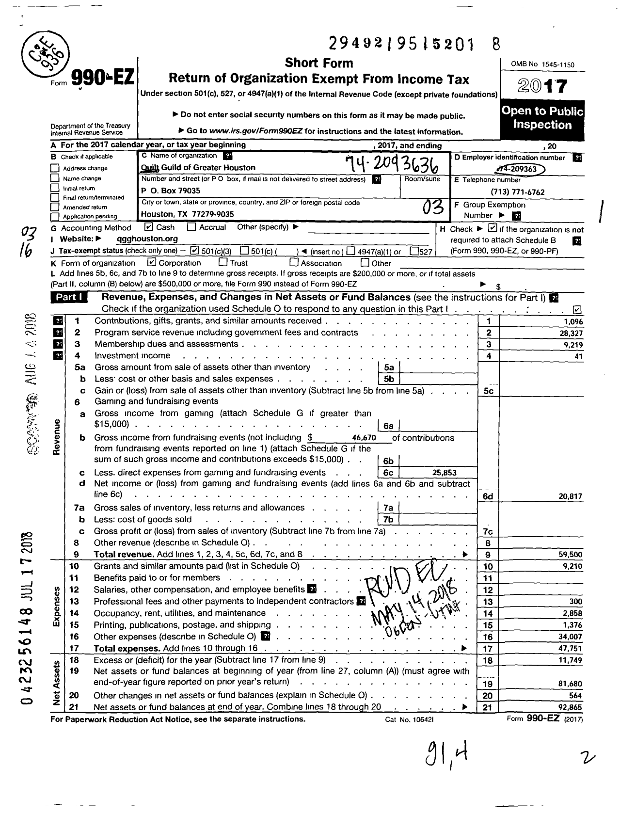 Image of first page of 2017 Form 990EZ for Quilt Guild of Greater Houston