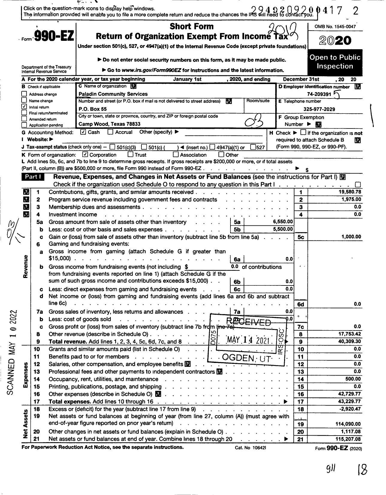 Image of first page of 2020 Form 990EZ for Paladin Community Services