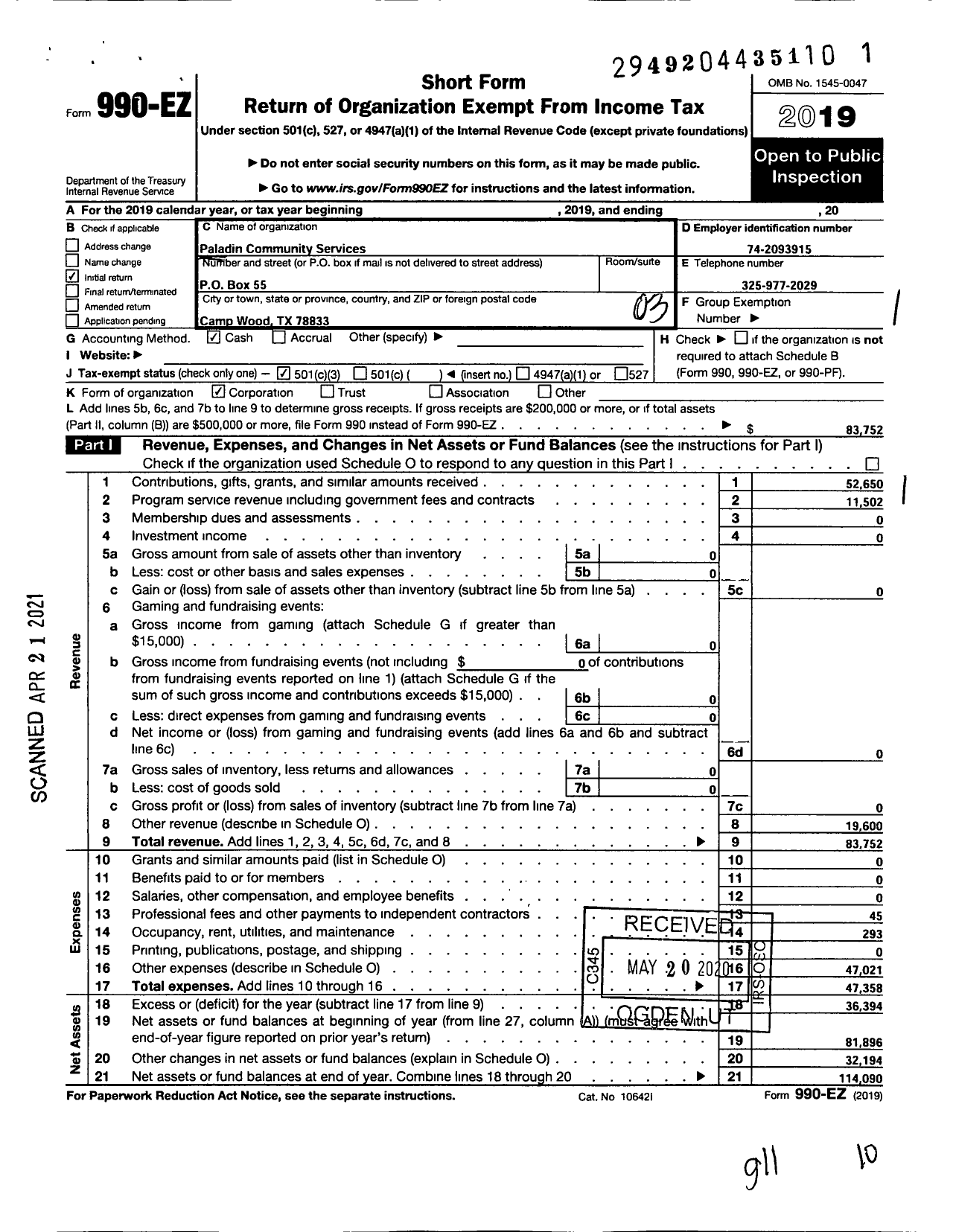 Image of first page of 2019 Form 990EZ for Paladin Community Services