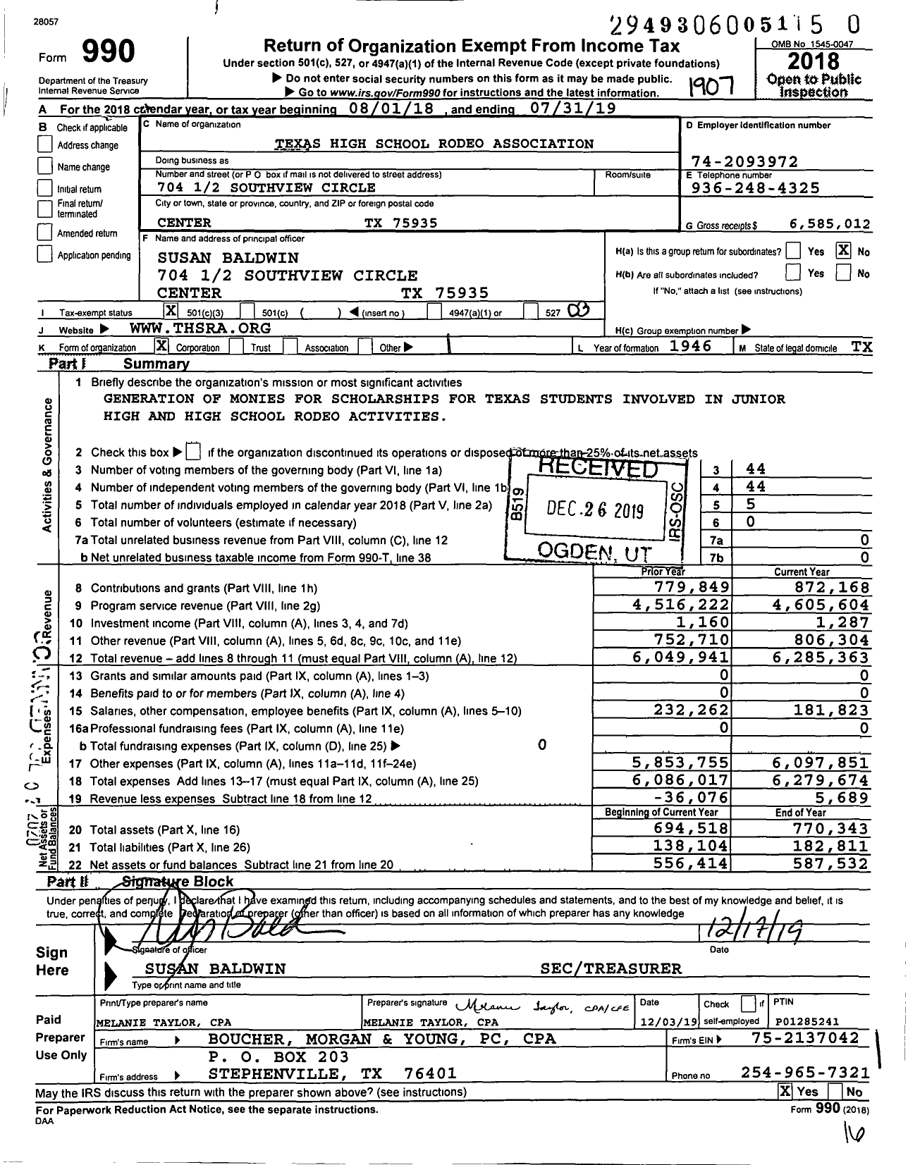 Image of first page of 2018 Form 990 for Texas High School Rodeo Association (THSRA)