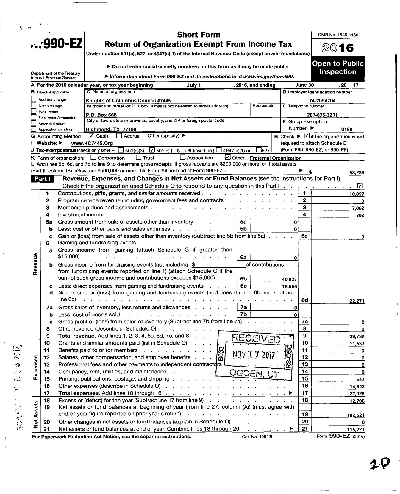 Image of first page of 2016 Form 990EO for Knights of Columbus - 7445 Richmond Council