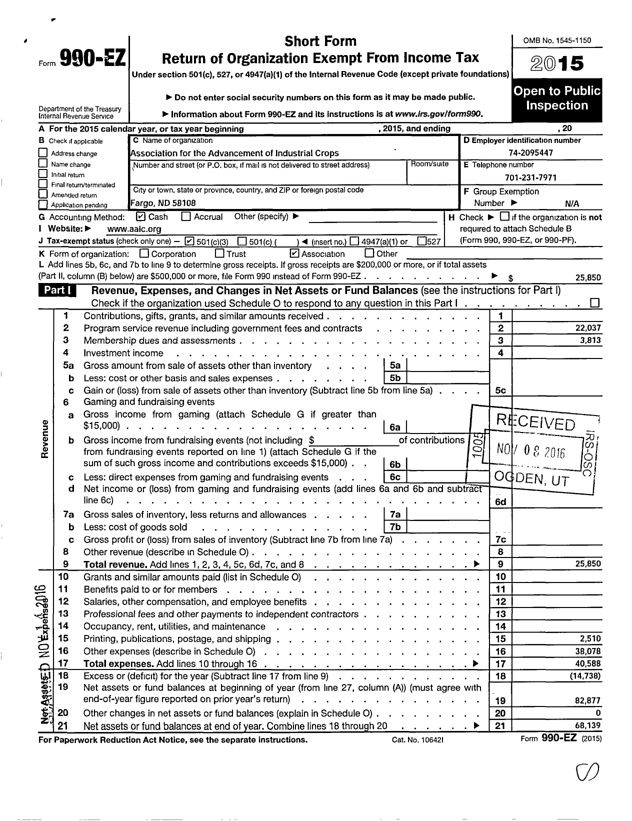 Image of first page of 2015 Form 990EZ for Association for the Advancement of Industrial Crops Usda-Ars