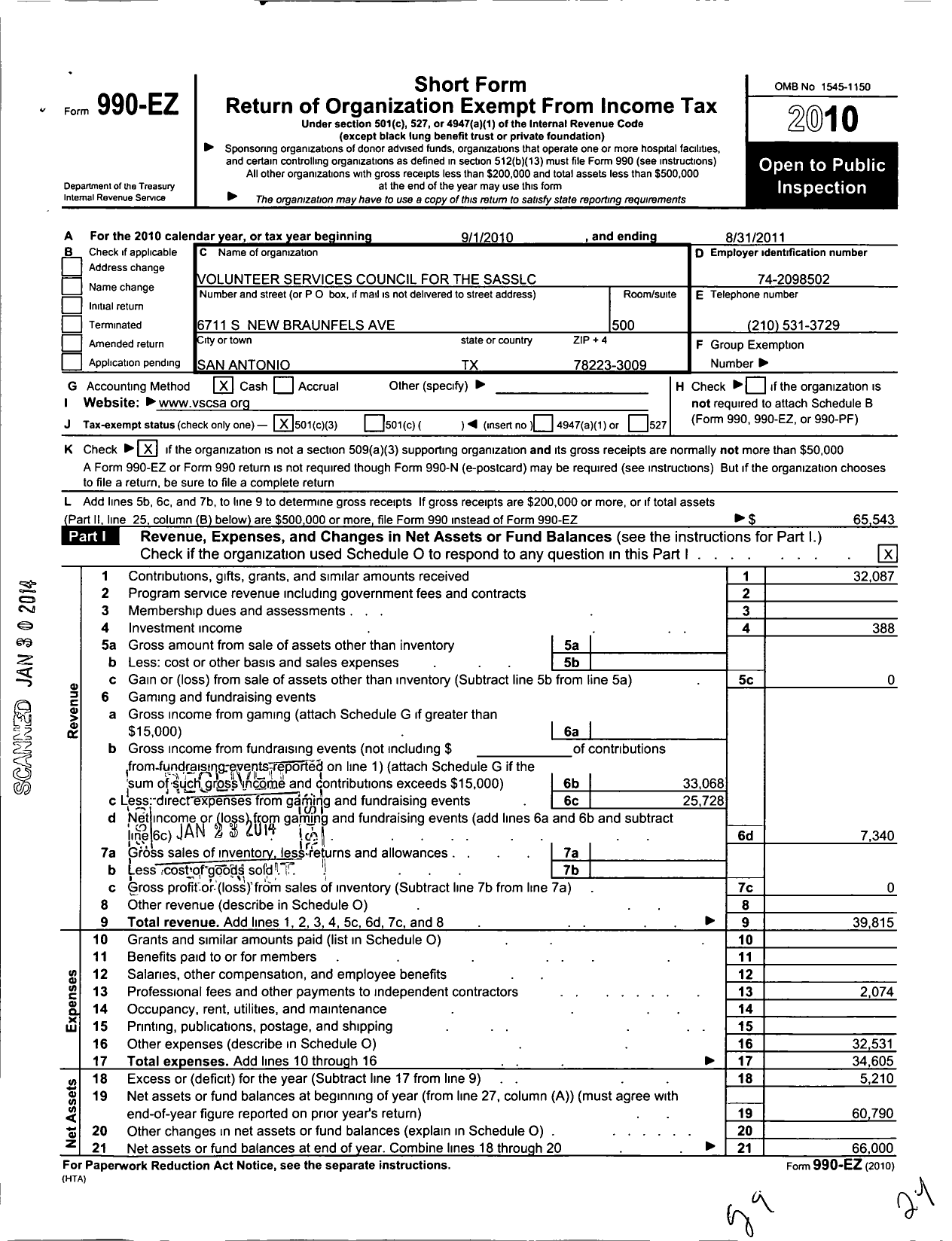 Image of first page of 2010 Form 990EZ for Volunteer Services Cou for the San Antonio State Supported Living Center