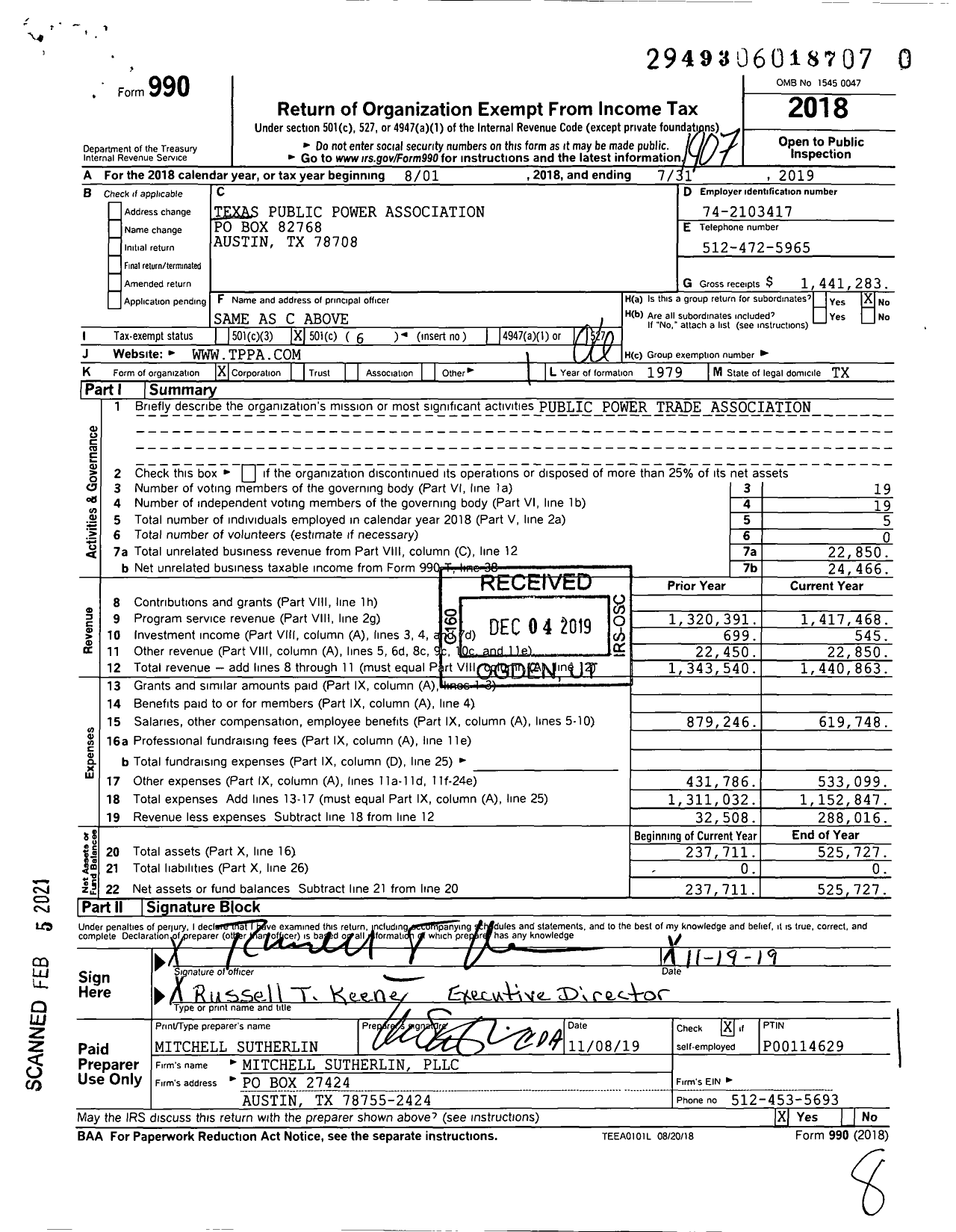 Image of first page of 2018 Form 990O for Texas Public Power Association (TPPA)