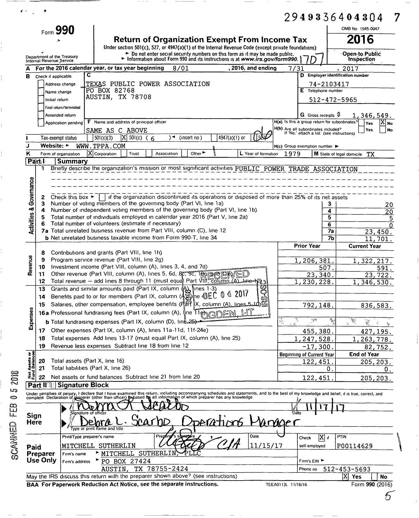 Image of first page of 2016 Form 990O for Texas Public Power Association (TPPA)