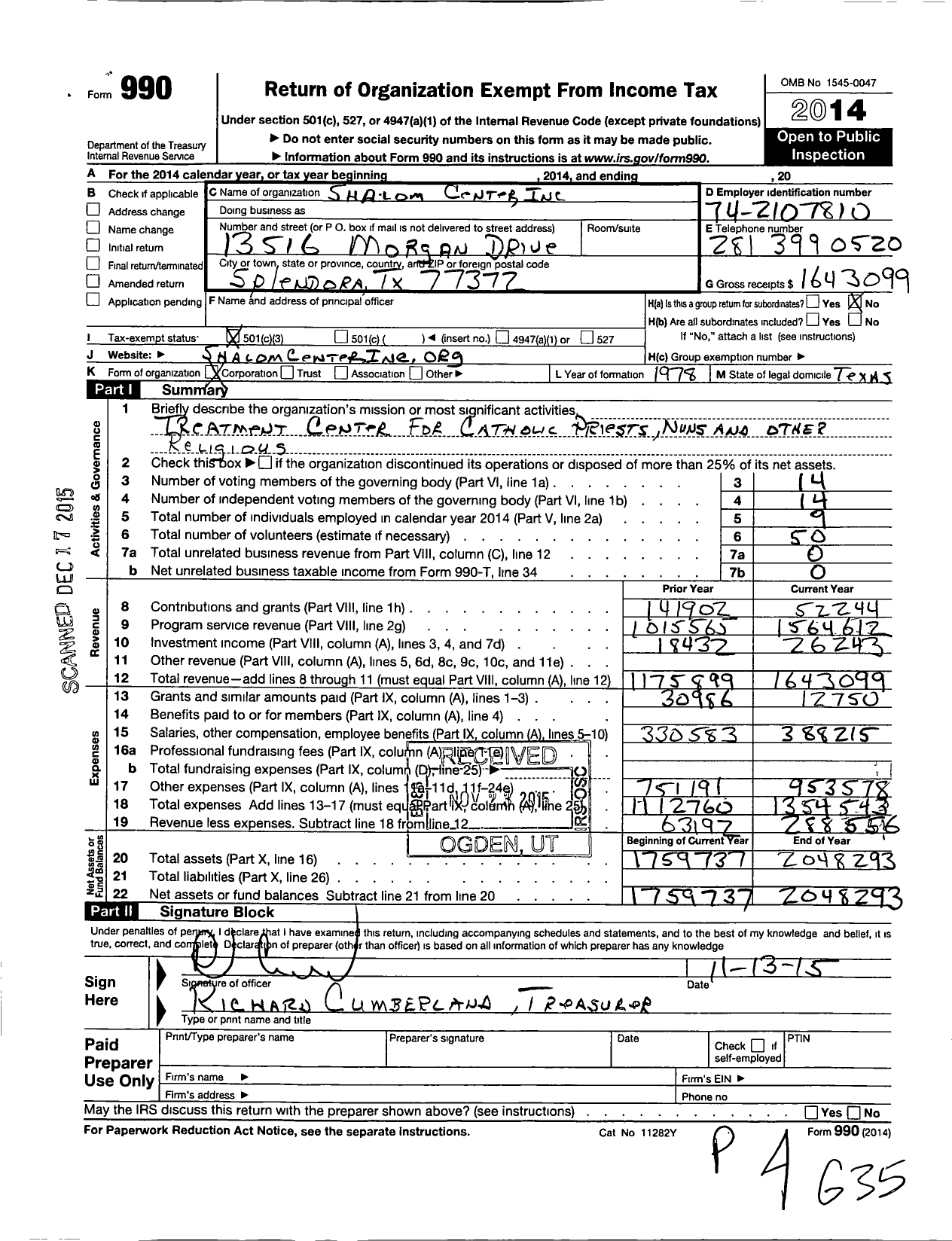 Image of first page of 2014 Form 990 for Shalom Center