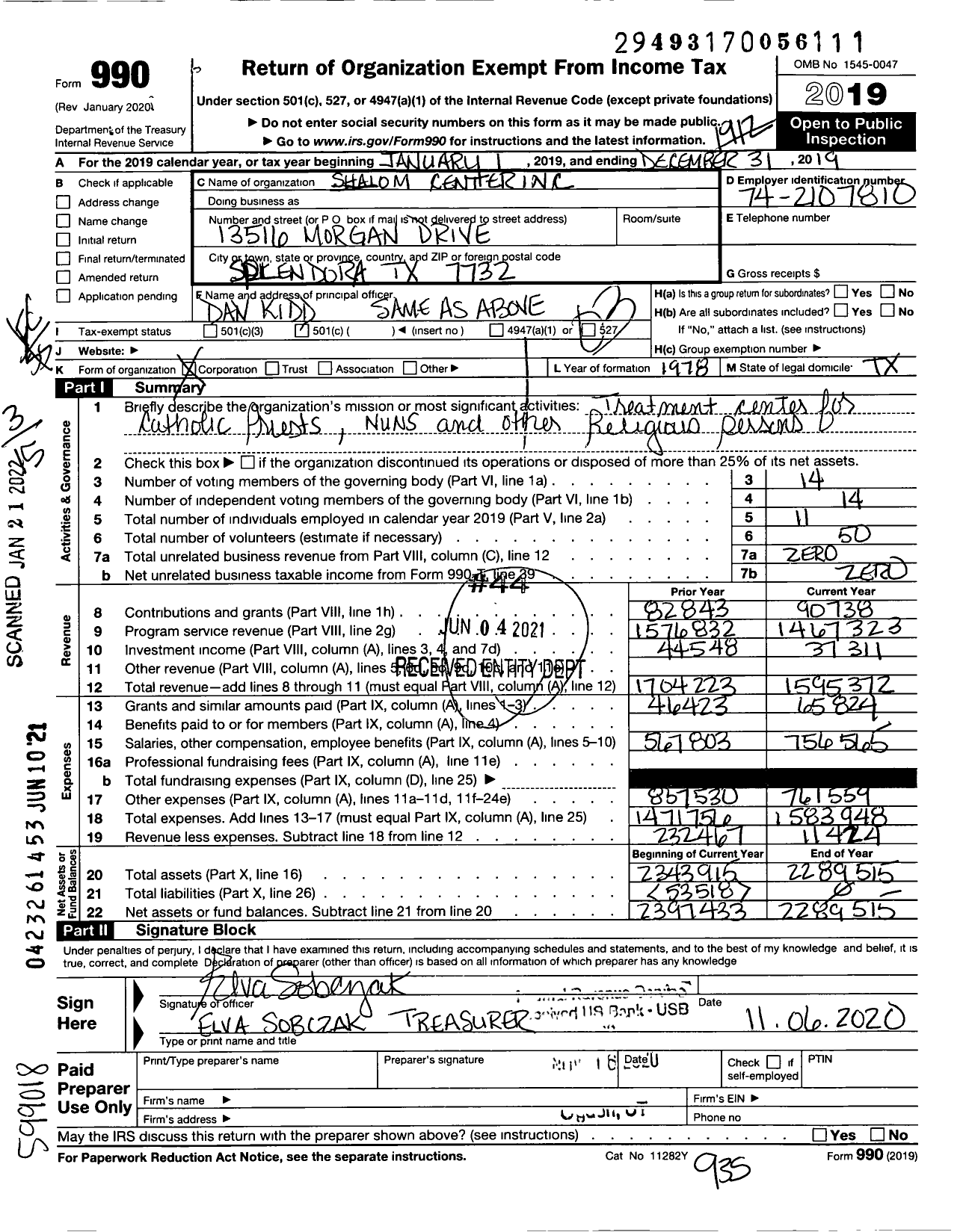 Image of first page of 2019 Form 990 for Shalom Center