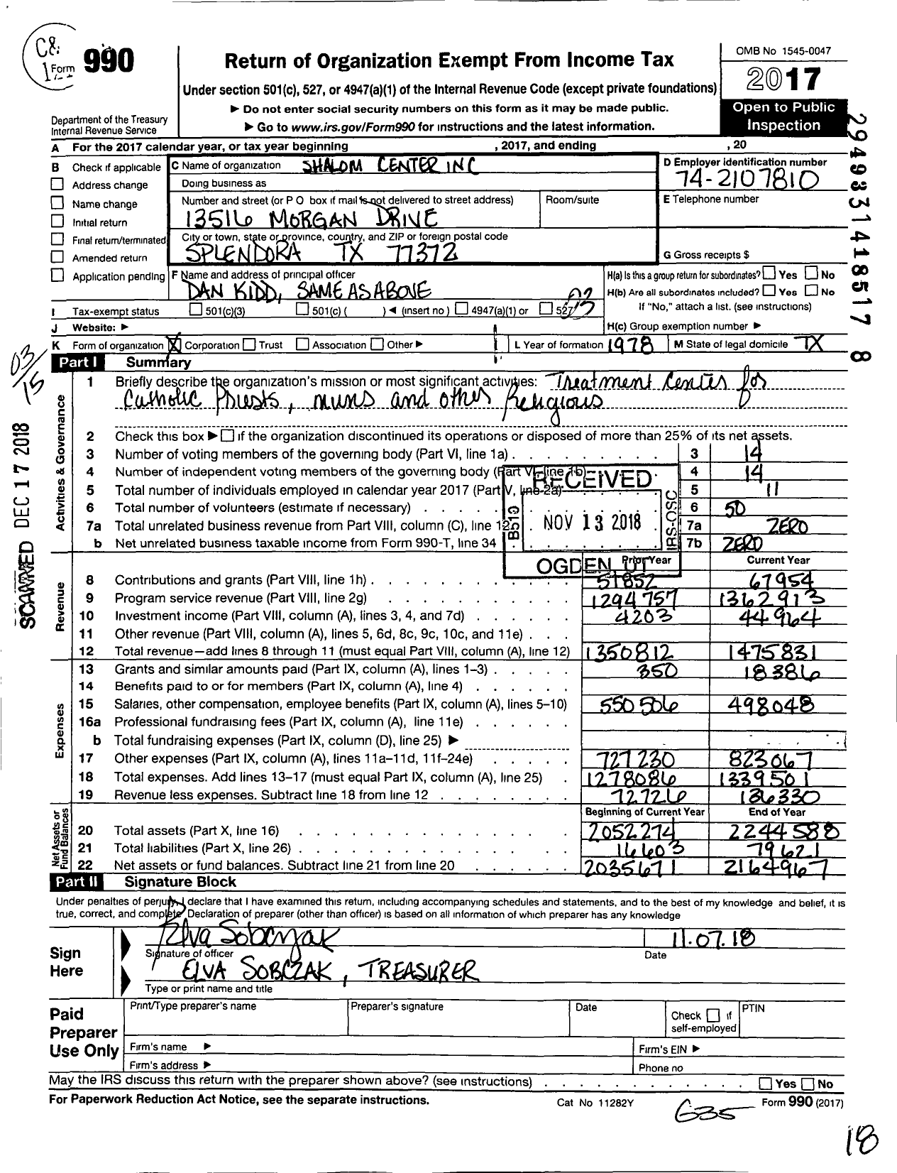 Image of first page of 2017 Form 990 for Shalom Center
