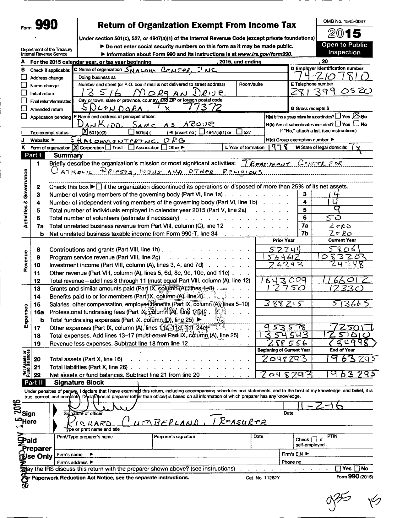 Image of first page of 2015 Form 990 for Shalom Center