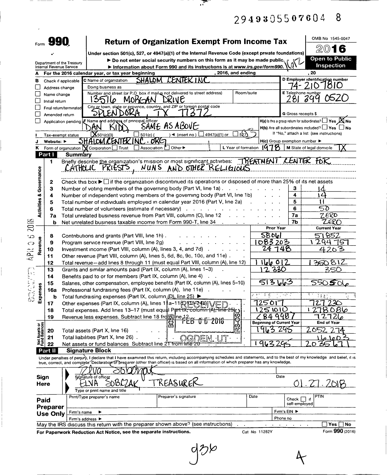 Image of first page of 2016 Form 990 for Shalom Center
