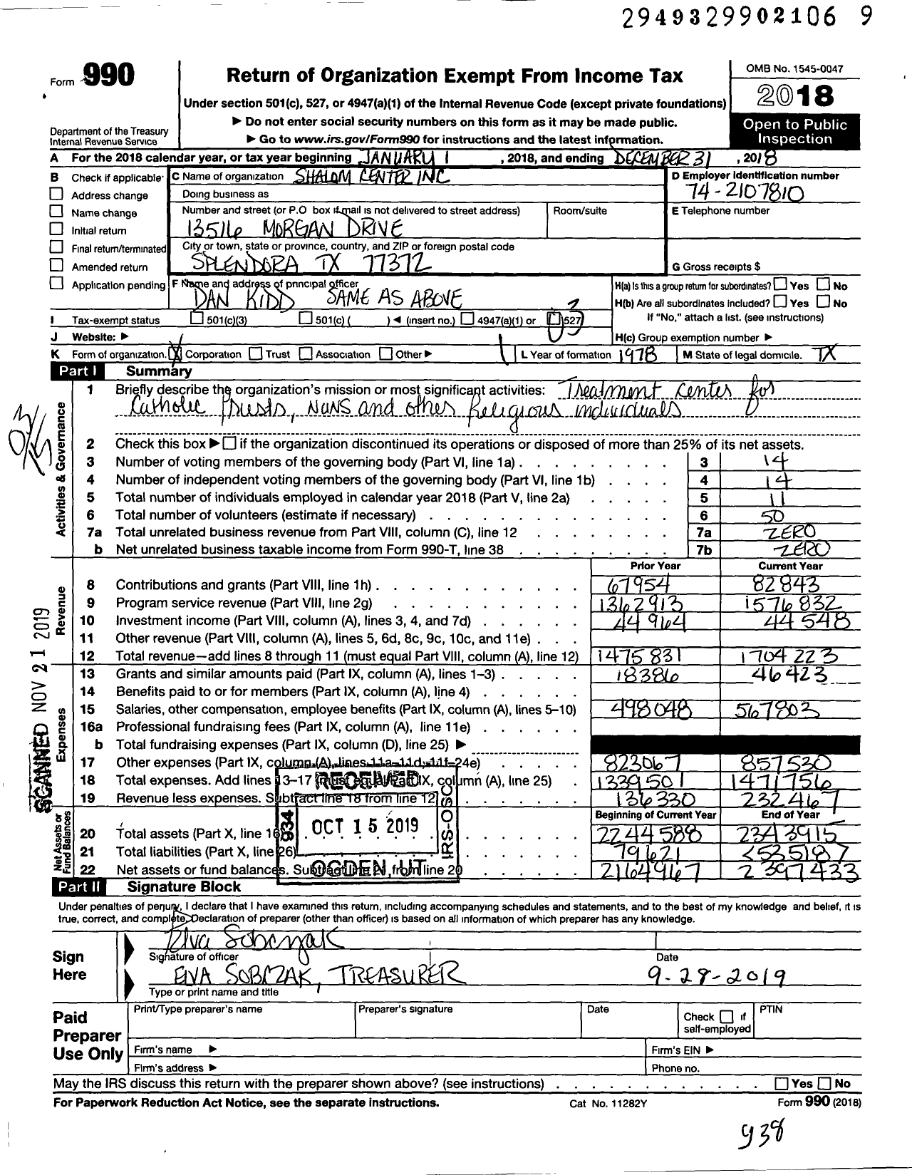 Image of first page of 2018 Form 990 for Shalom Center